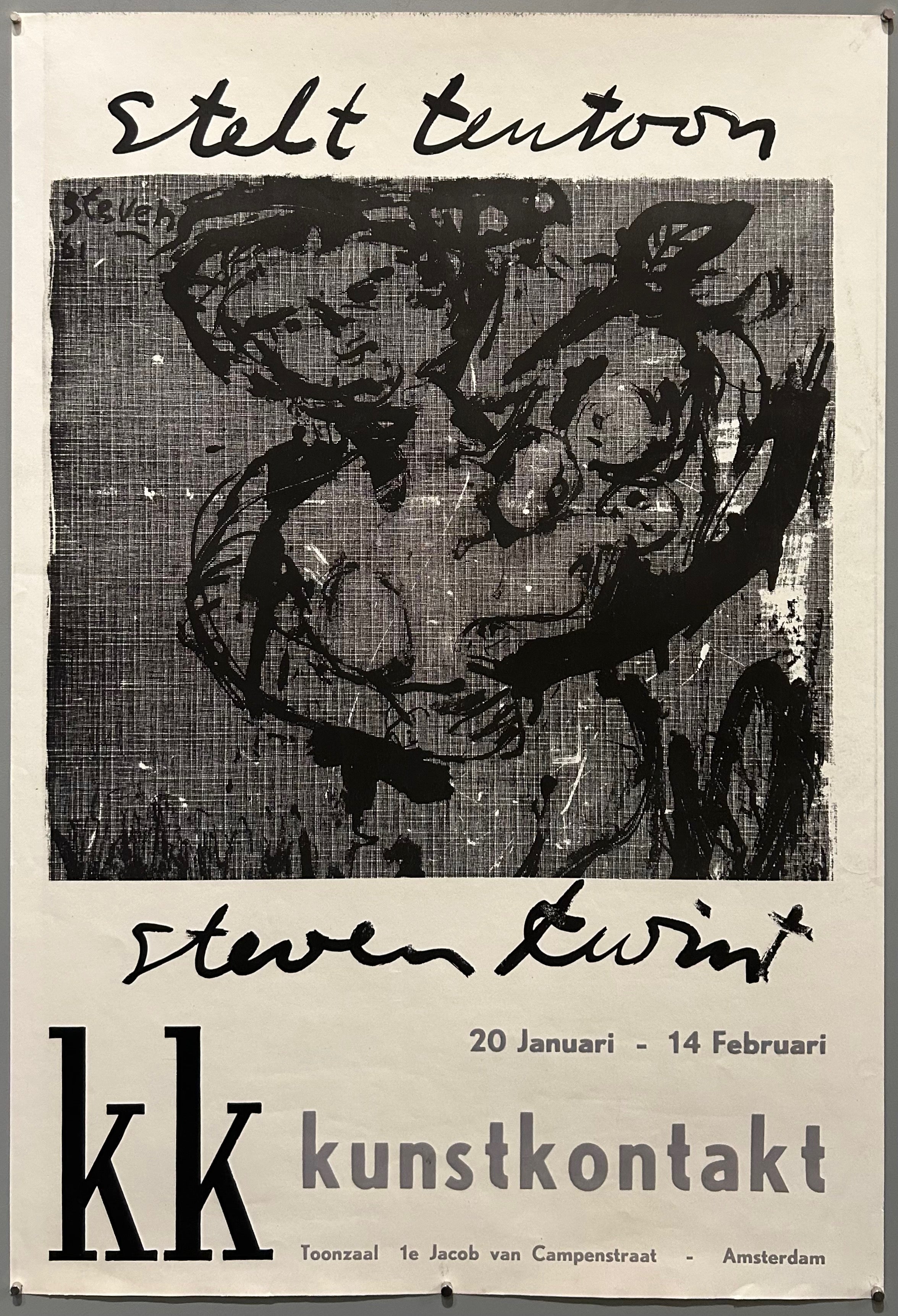 20.75x14.75 poster promoting exhibition in amsterdam 1969 on artist steven kwimt featuring exhibition information and kwimt painting