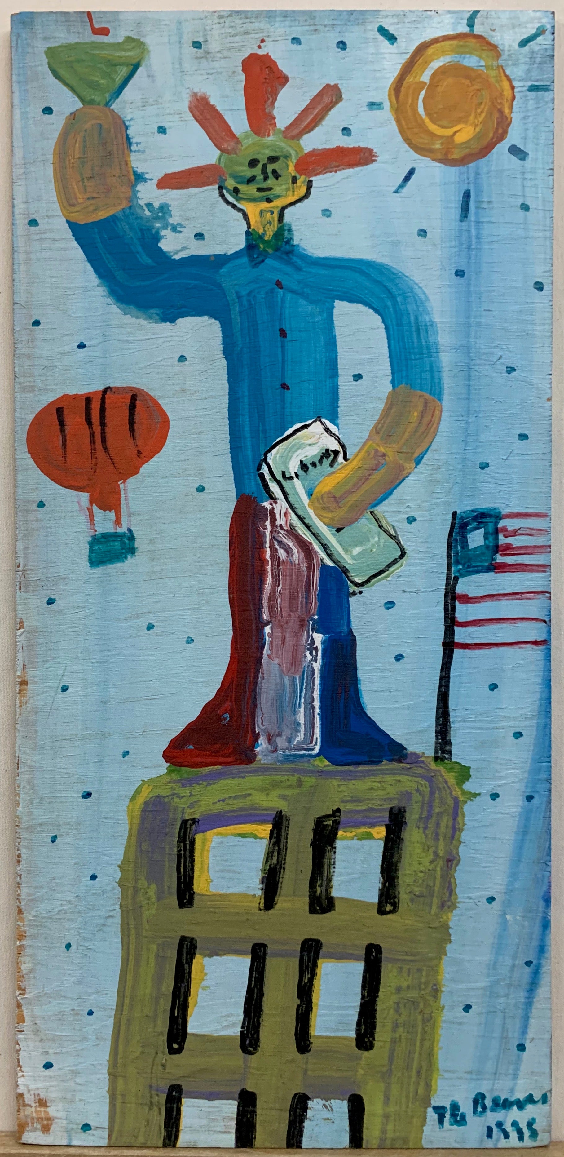 A The Beaver painting of a green-faced Statue of Liberty standing on a green pedestal with an American flag on top of it. A hot air balloon floats in the sky.