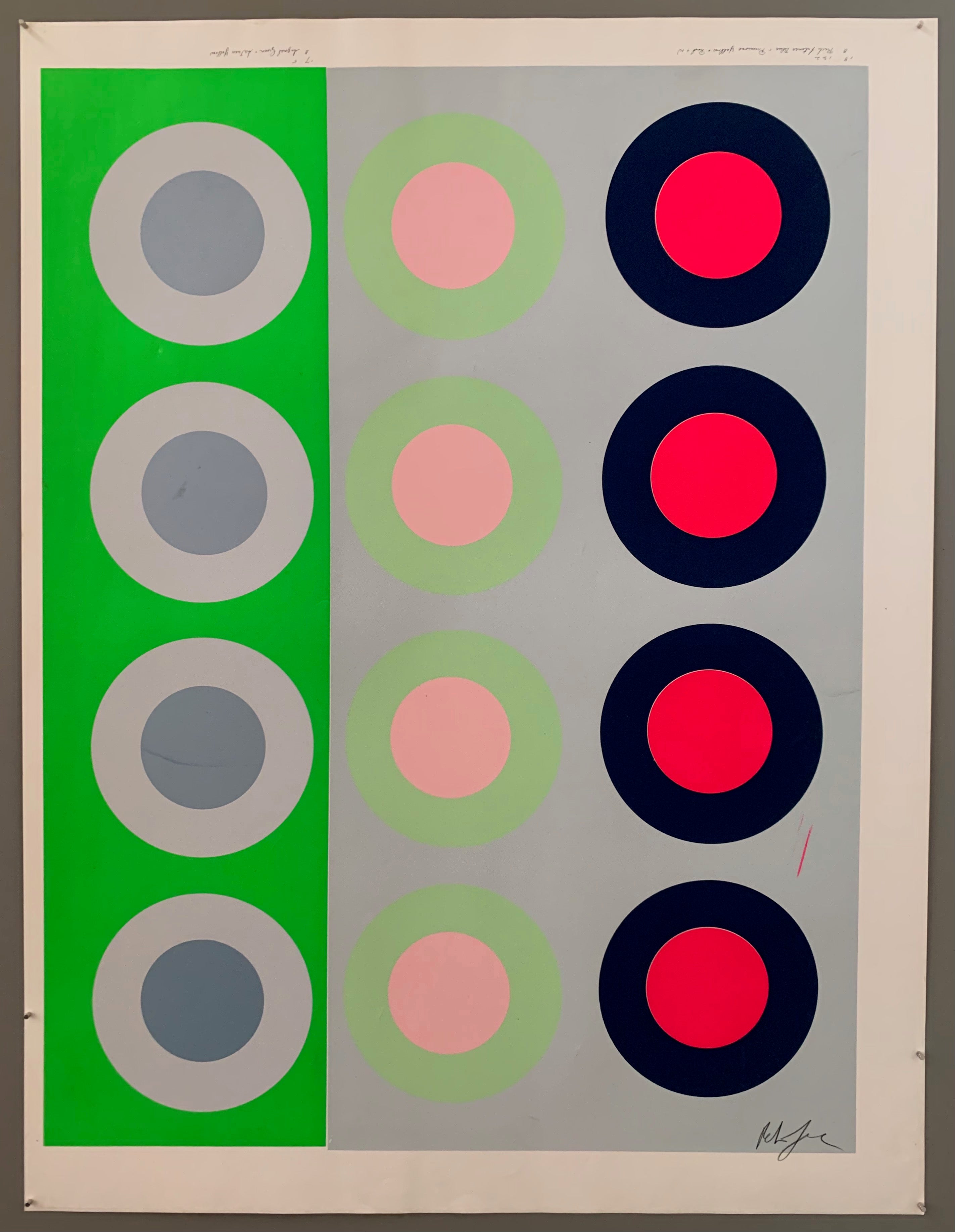 three rows of targets: on the left a neon green panel with grey targets, in the middle a powder blue panel with pastel pink and green targets, and on the right another powder blue panel with dark navy blue and hot pink targets. The print is signed by the artist on the bottom right.