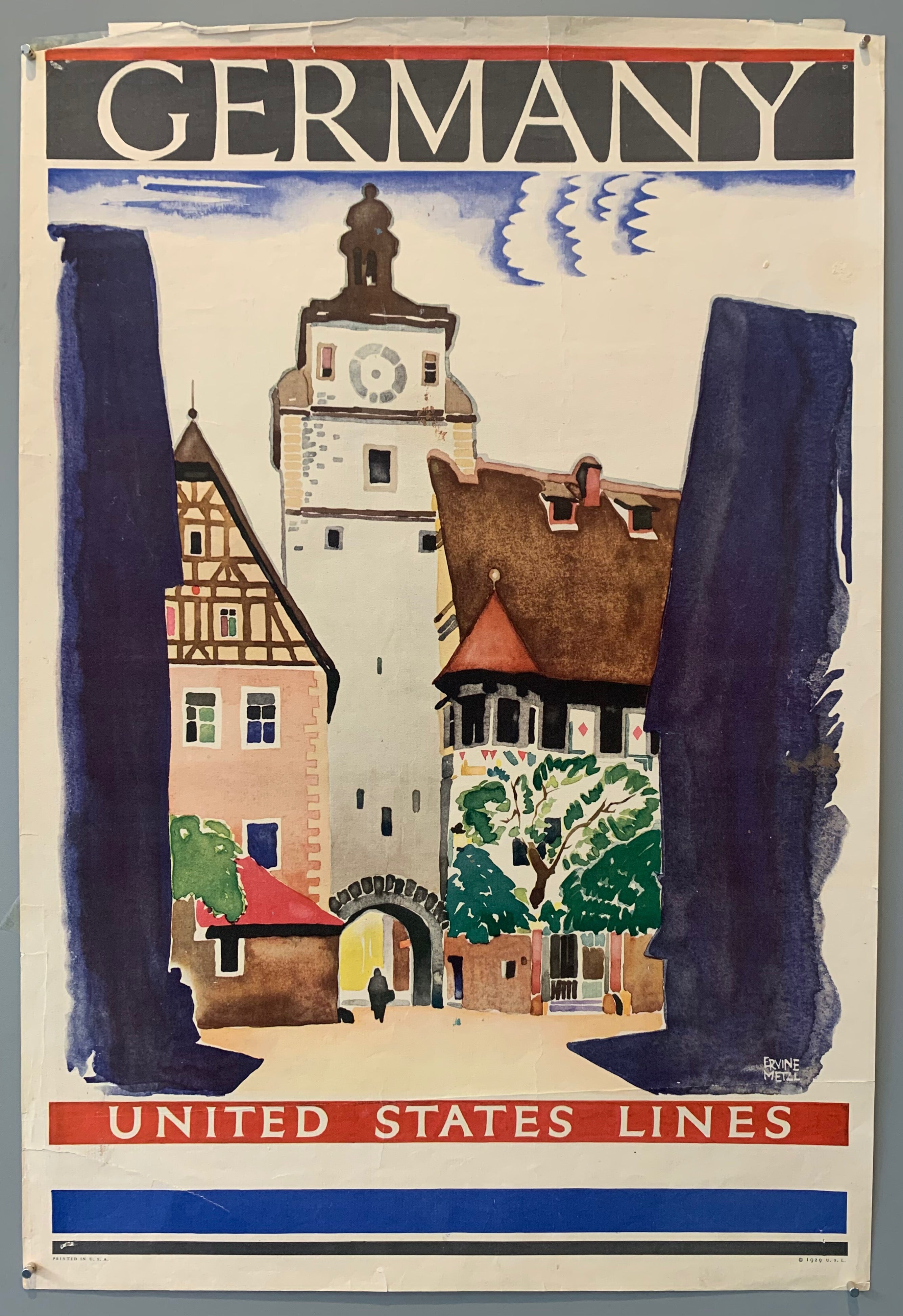 Travel poster printed in the US advertising Germany. Poster shows a town setting with German architecture.