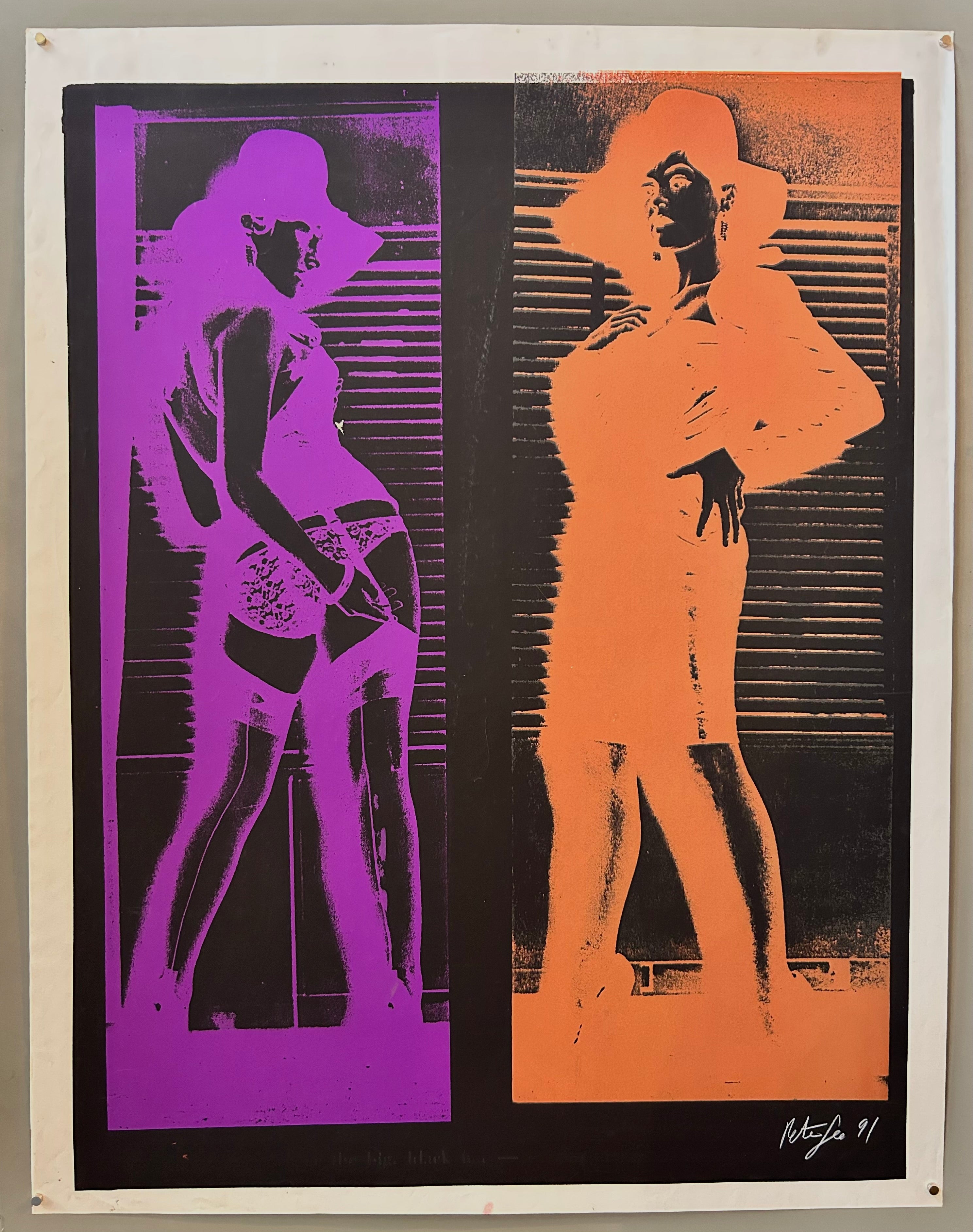 A mix of pop art-style images lay over each other in many neon colors.