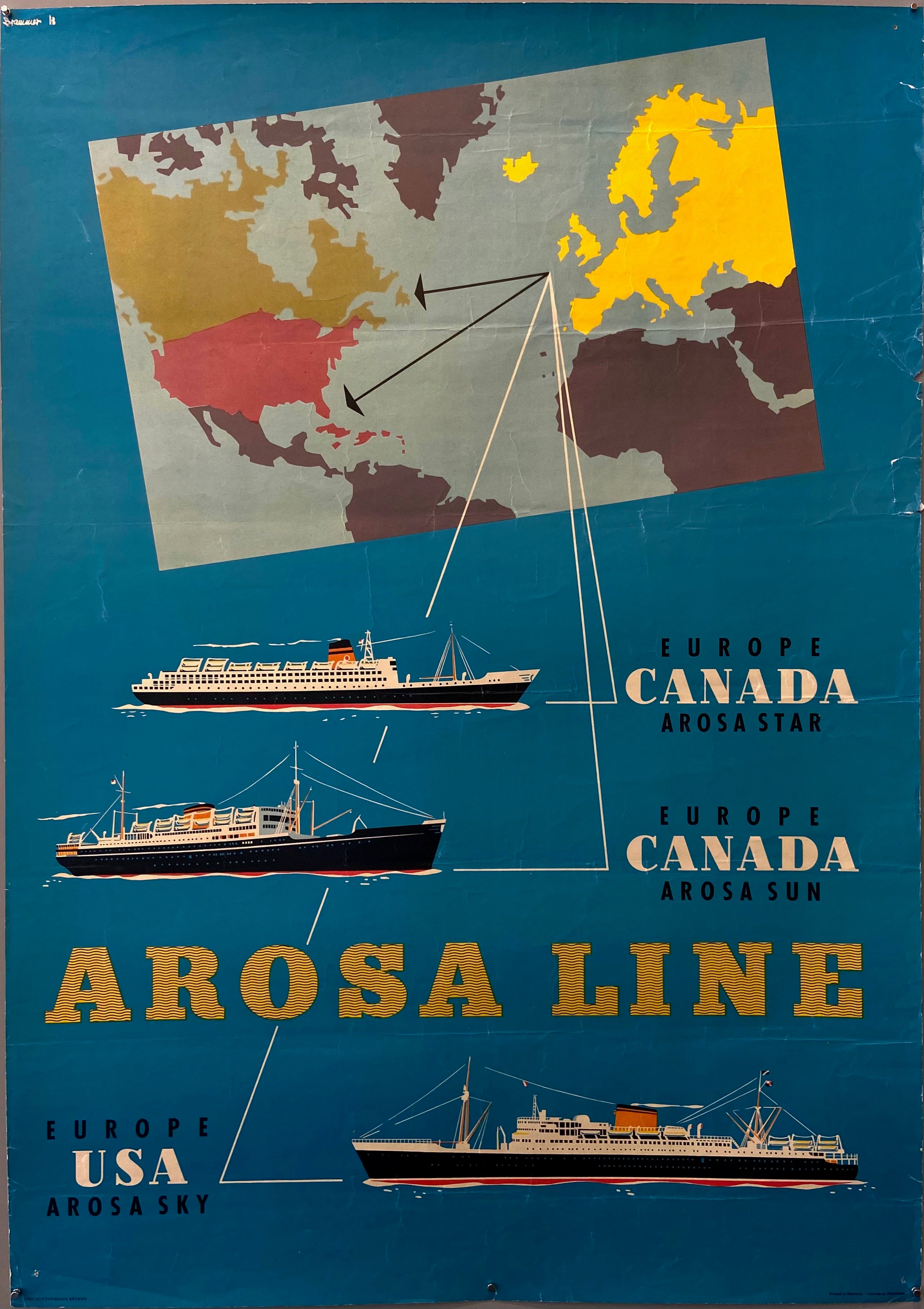Poster with a map of transatlantic cruise routes