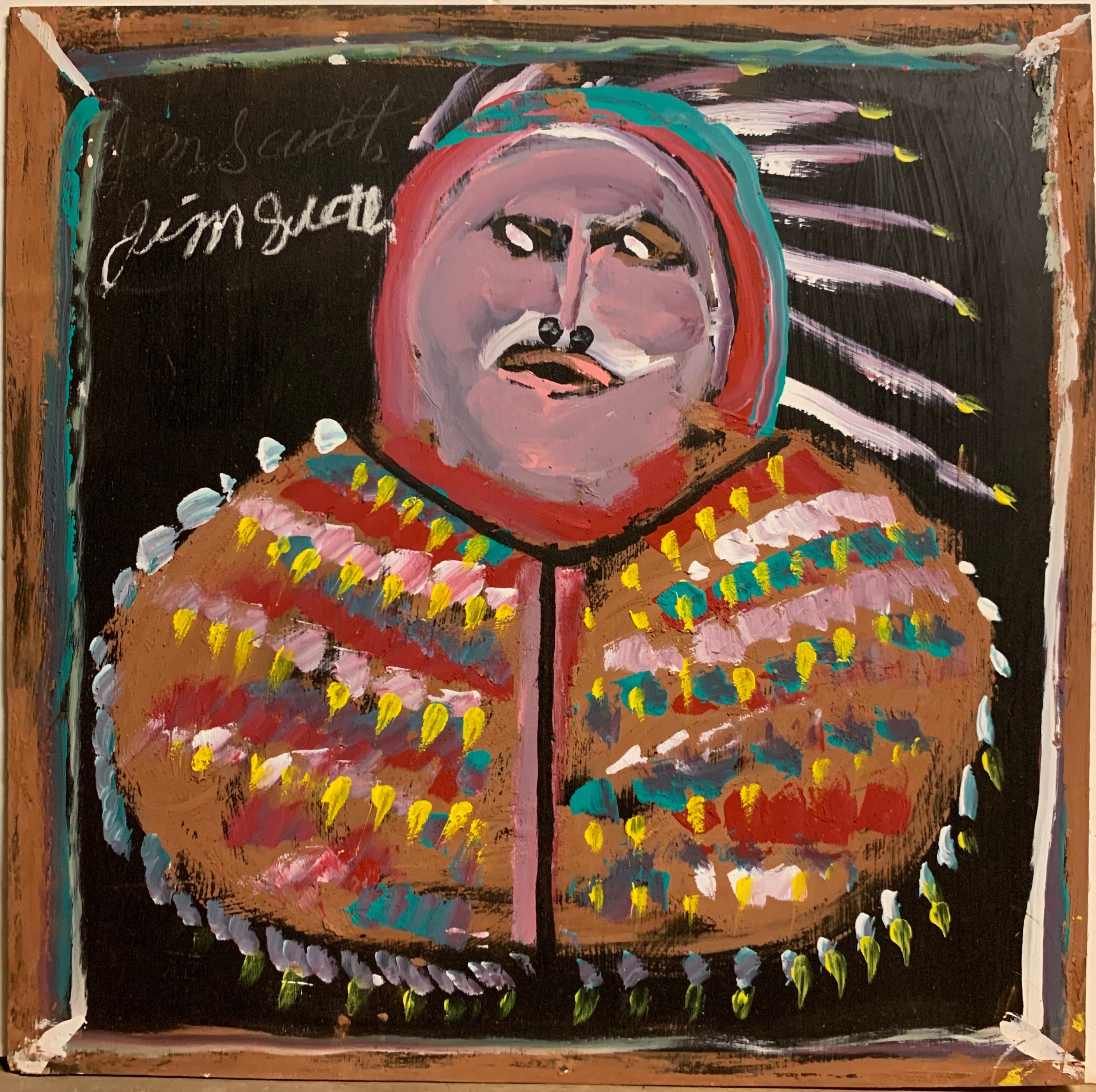 A Jimmie Lee Sudduth painting of a Native American.