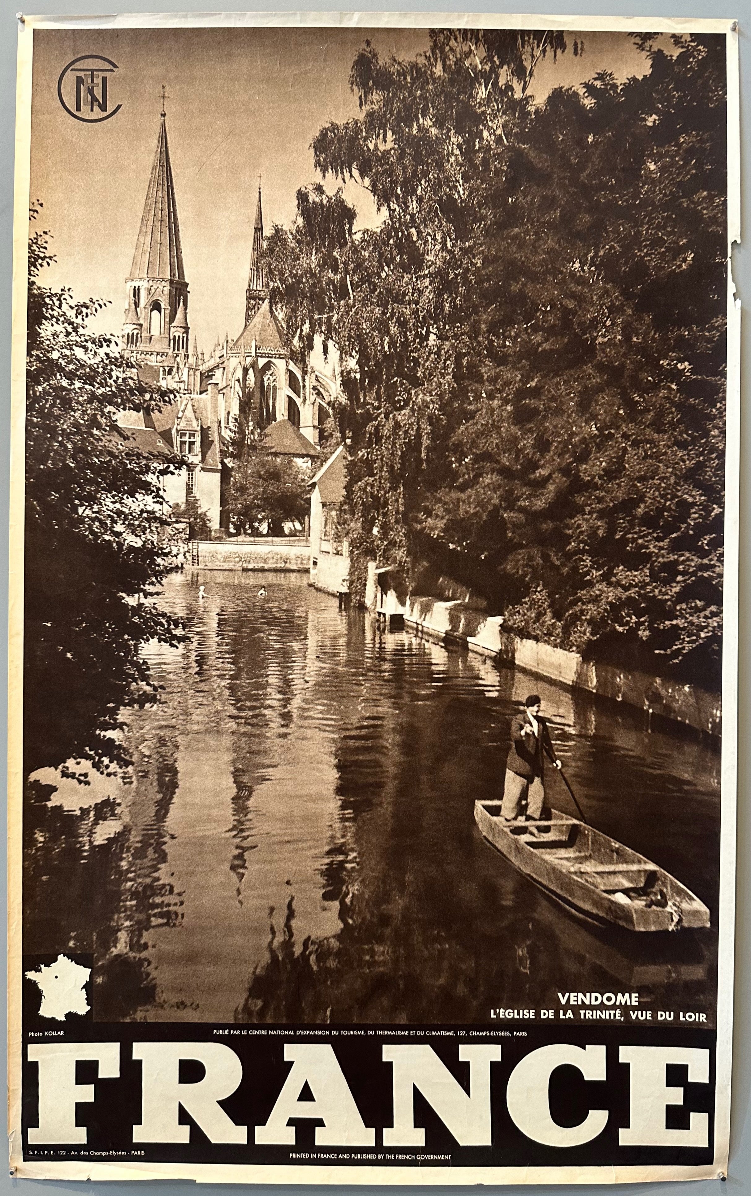 40x25 1950s black and white french travel poster advertising the eglise de la trinite featuring photo of a man boating down the loir with the church in the background