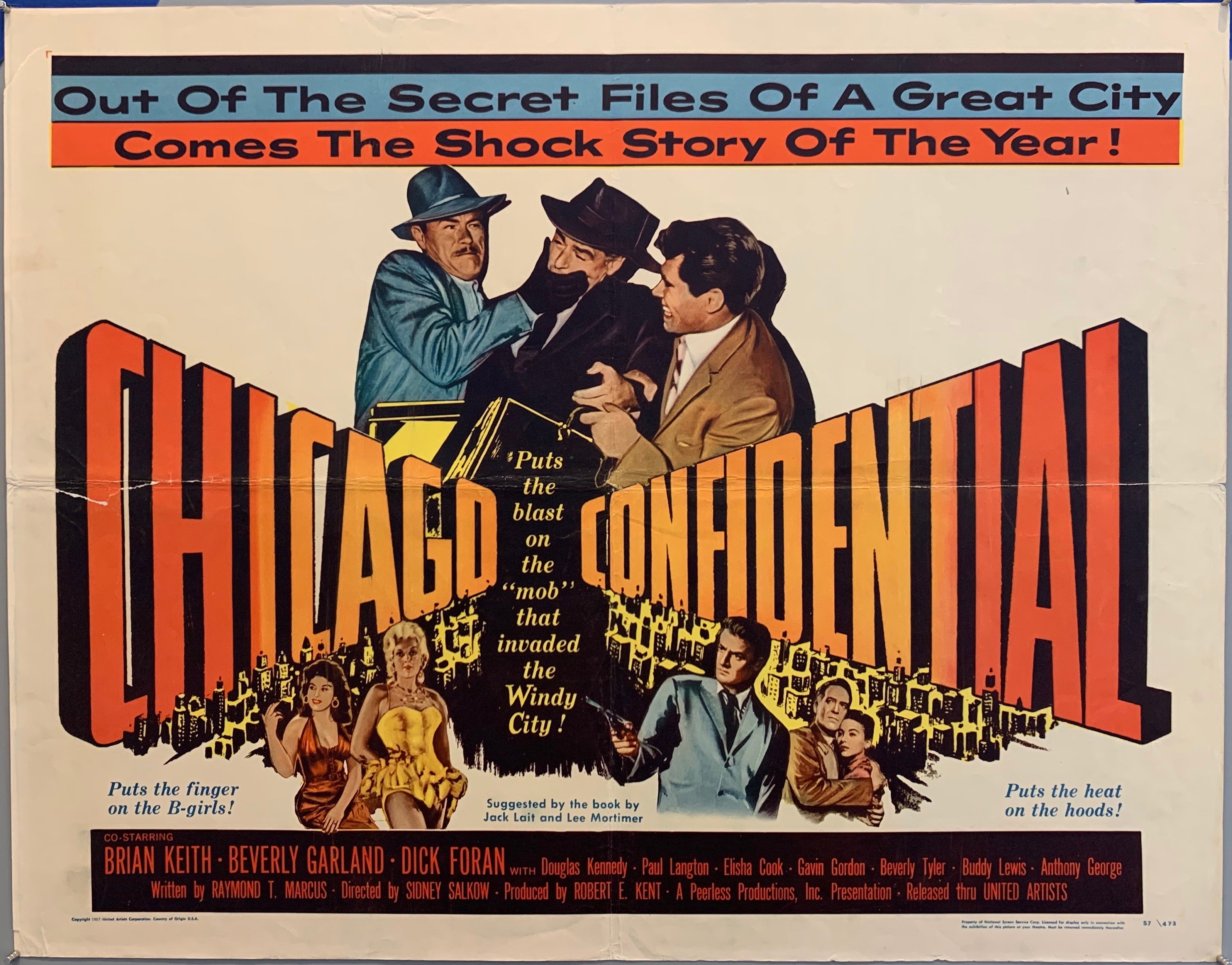 two men grab a man in a black hat, covering his mouth. man with gun. chicago confidential movie poster