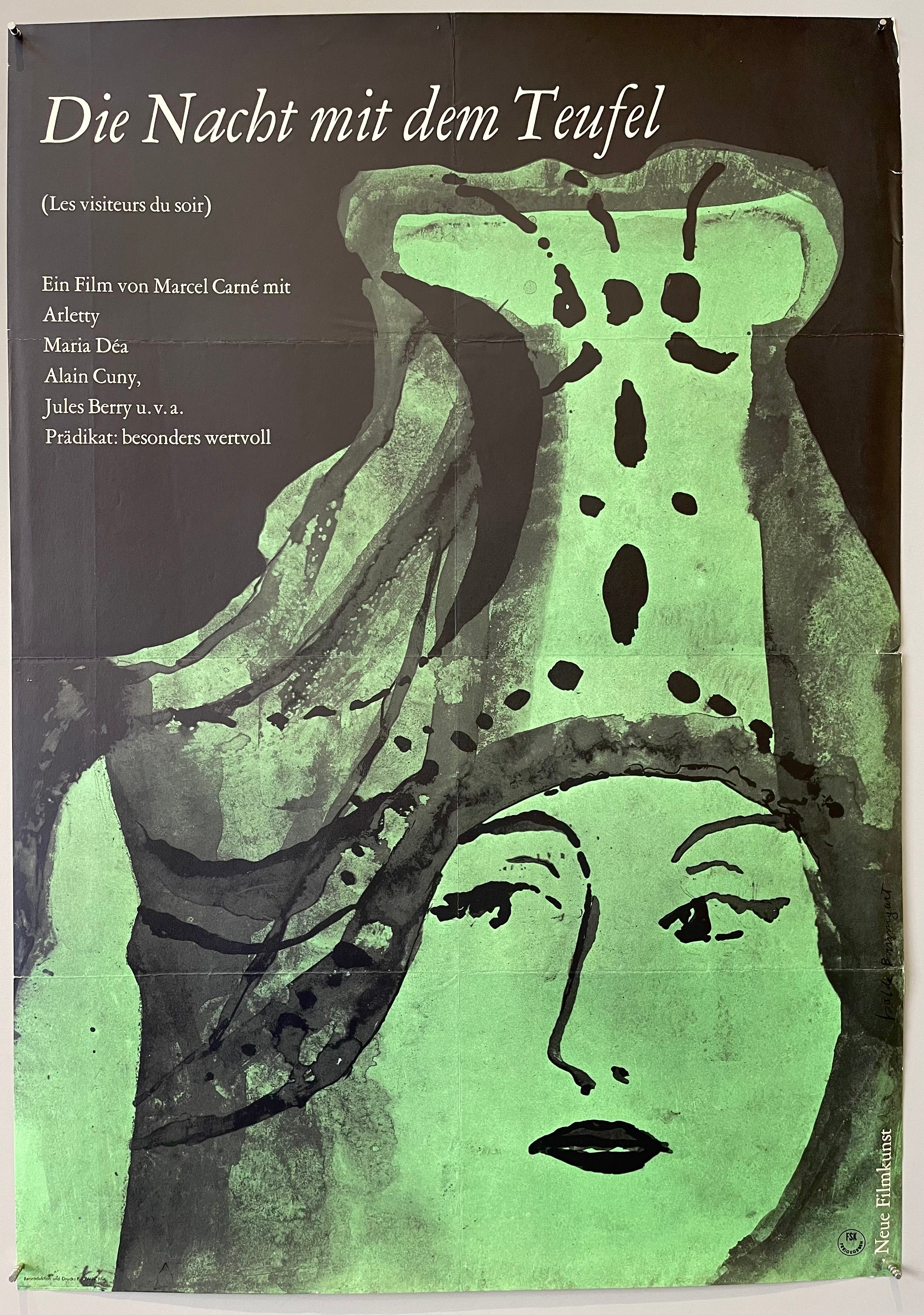 Green drawing of a woman wearing a tall hat against a black background.