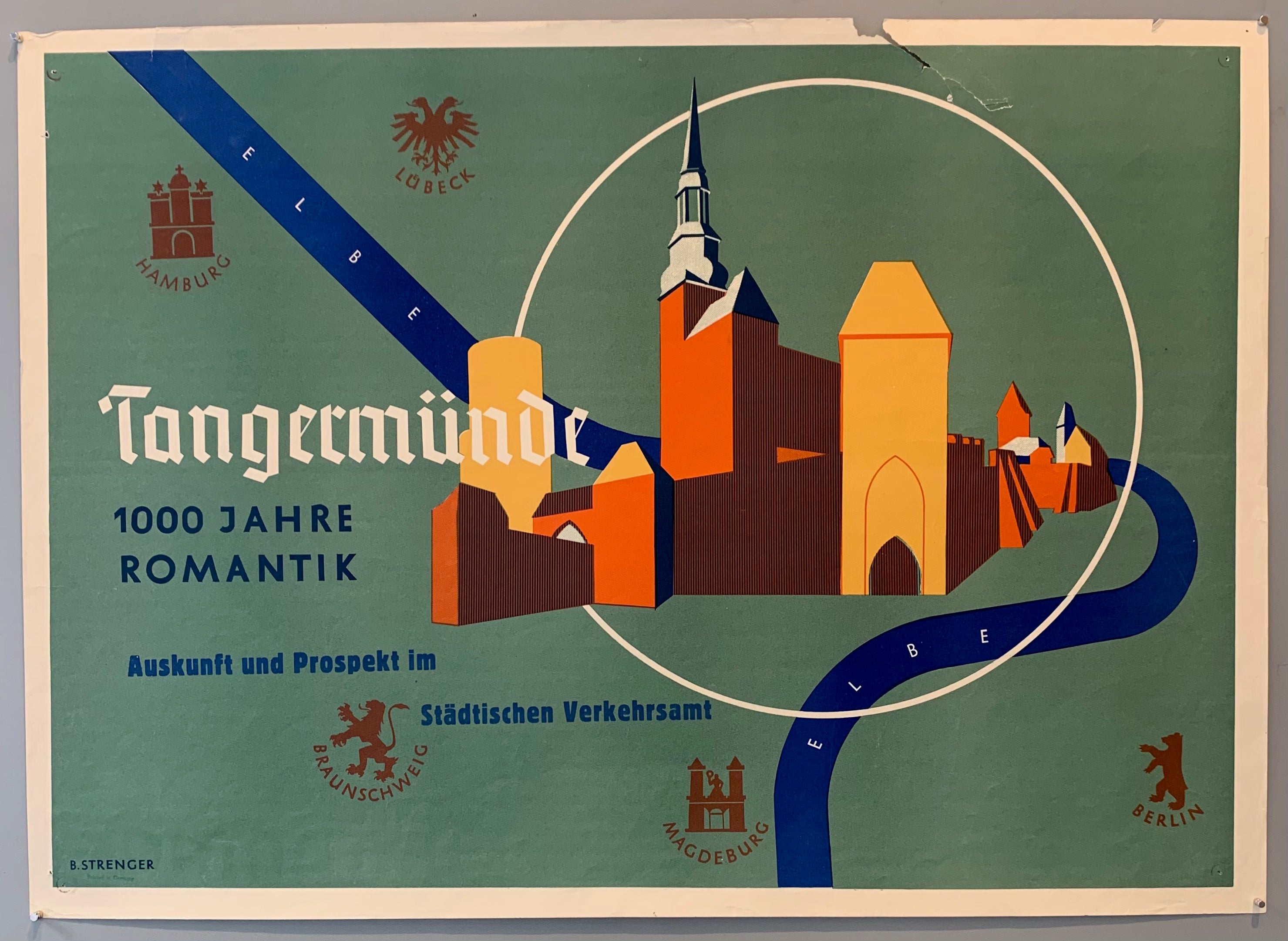 Poster for a small town in Germany called Tangermünde, which is a historic town on the Elbe river. Graphic shows landmarks from the town with the Elbe running through the buildings. Crests from Berlin, Magdeburg, Braunschweig, Hamburg, and Lubeck are scattered in the background.
