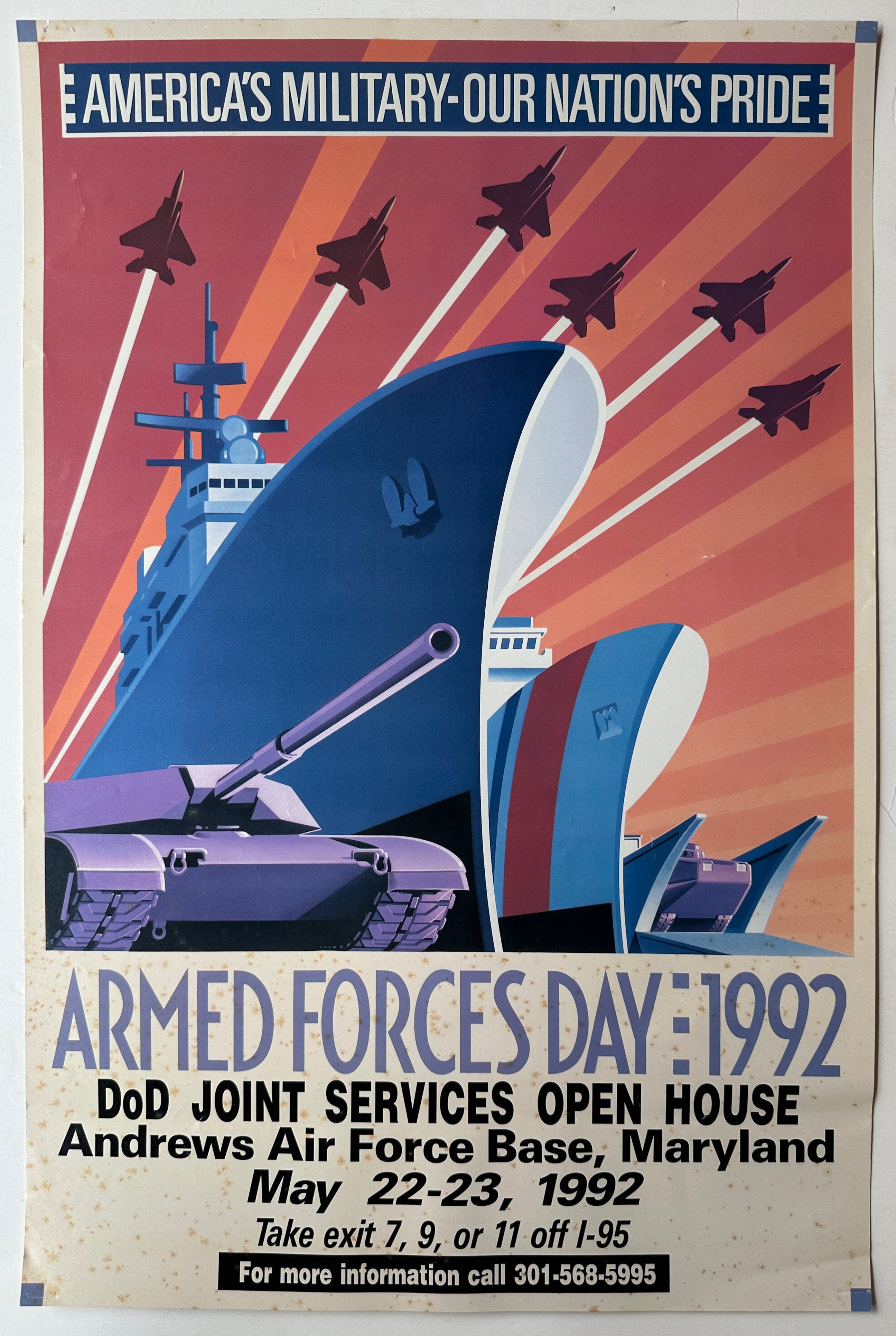21x14 paper poster with red, blue, and purple imagery of military weapons.
