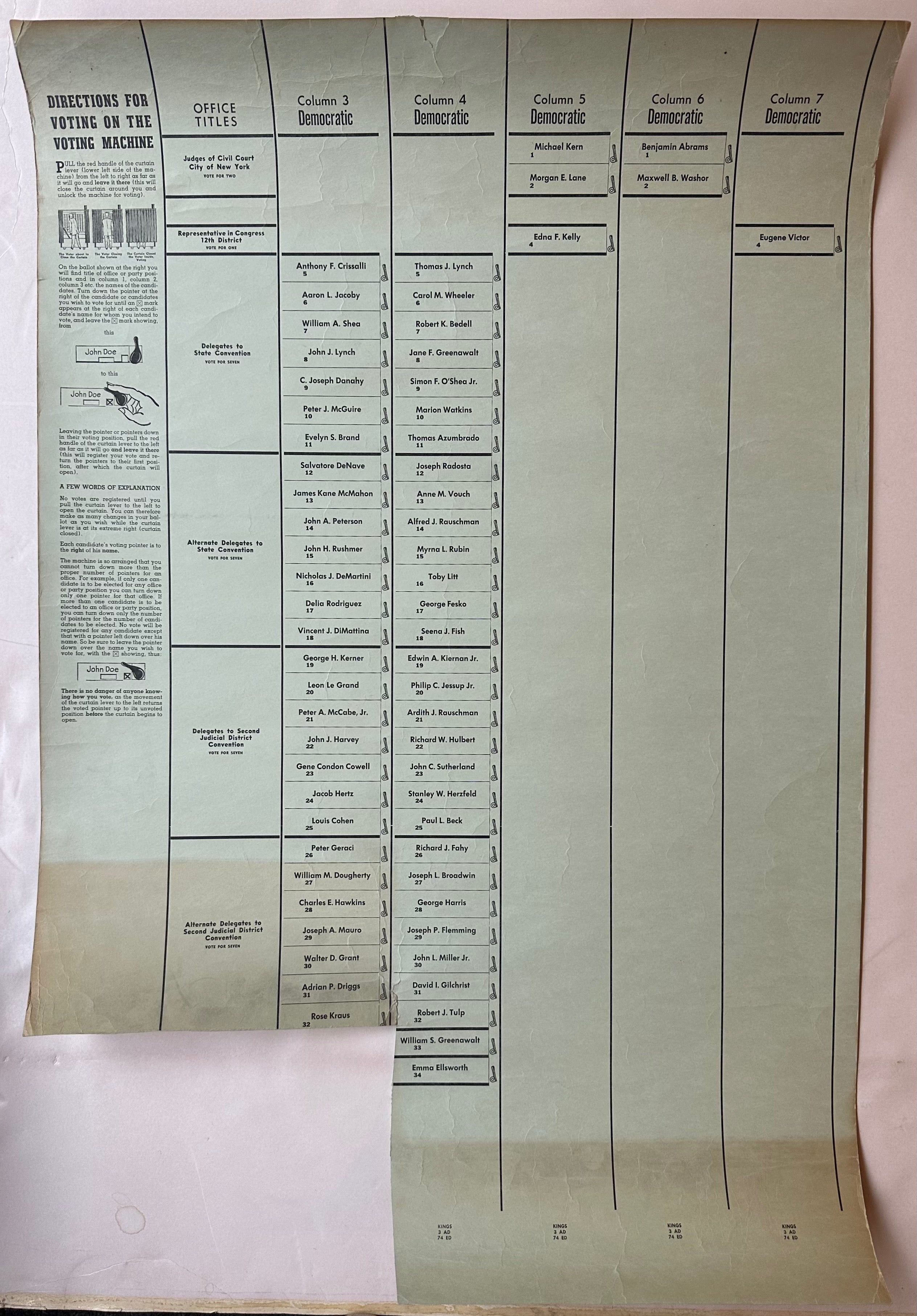 36x24 black and white poster for 1964 judicial elections nyc with instructions on how to use voting machine