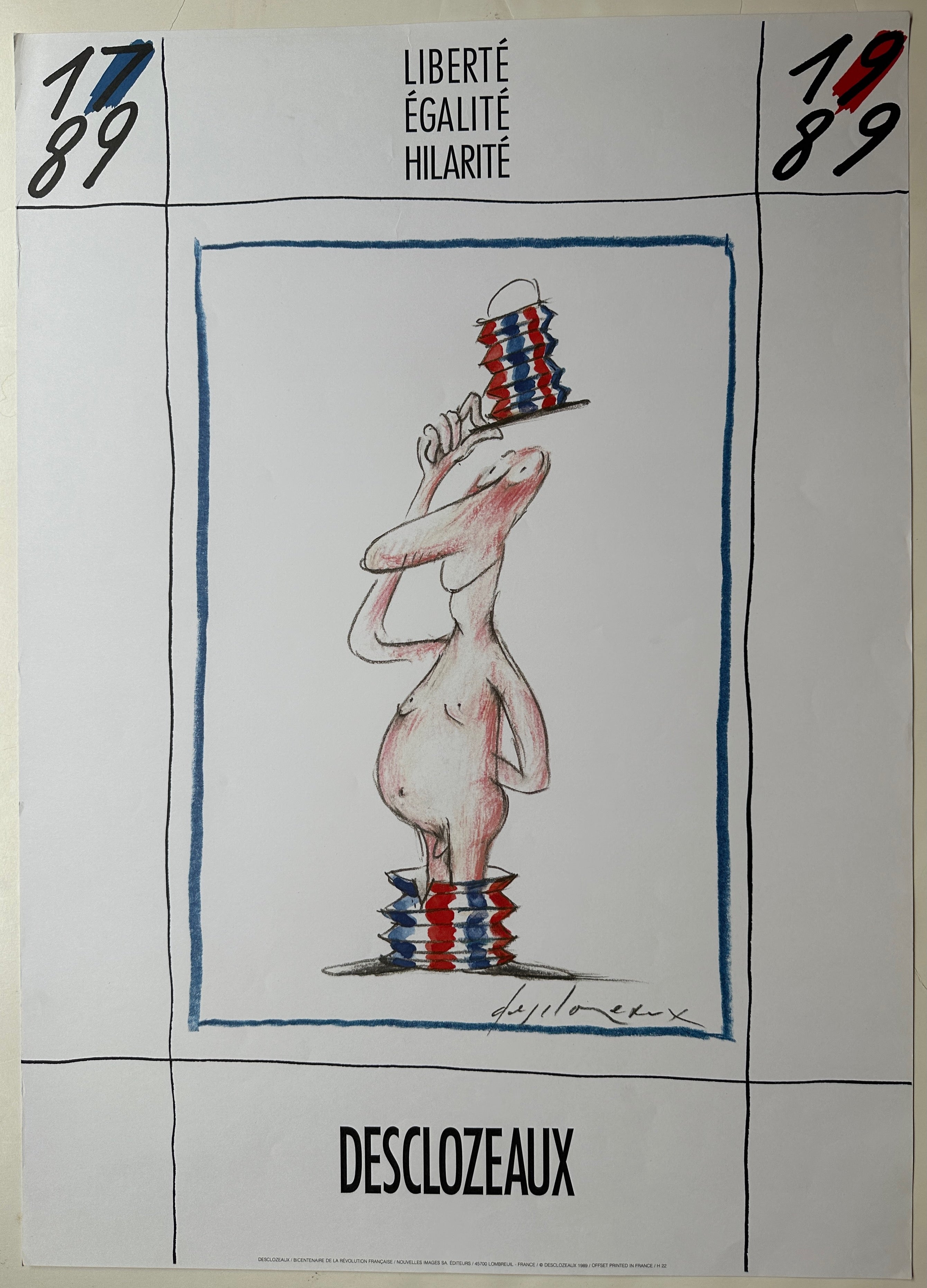 28x20 white paper poster with French caricature of nude man done by Desclozeaux