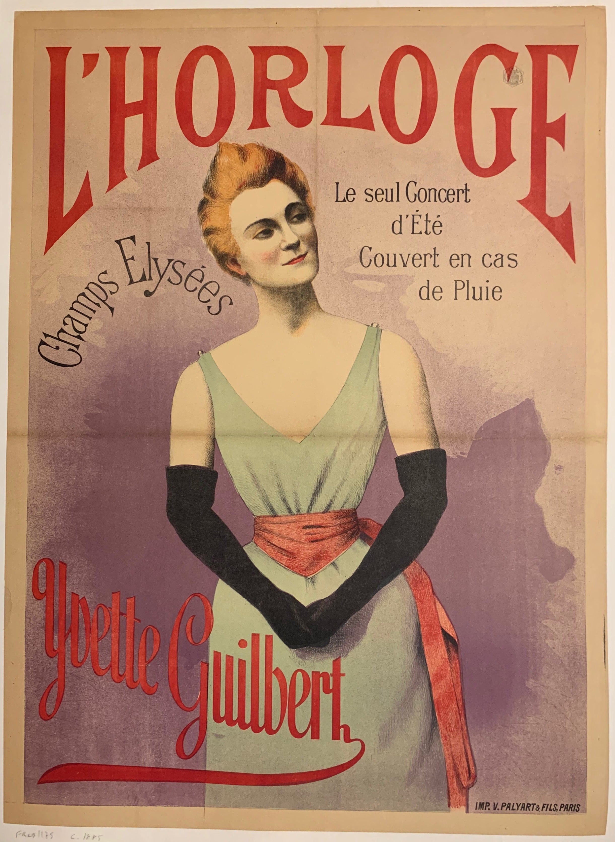 Turn of the Century poster of a blonde woman, Yvette Guilbert, in a blue dress and wearing black gloves.