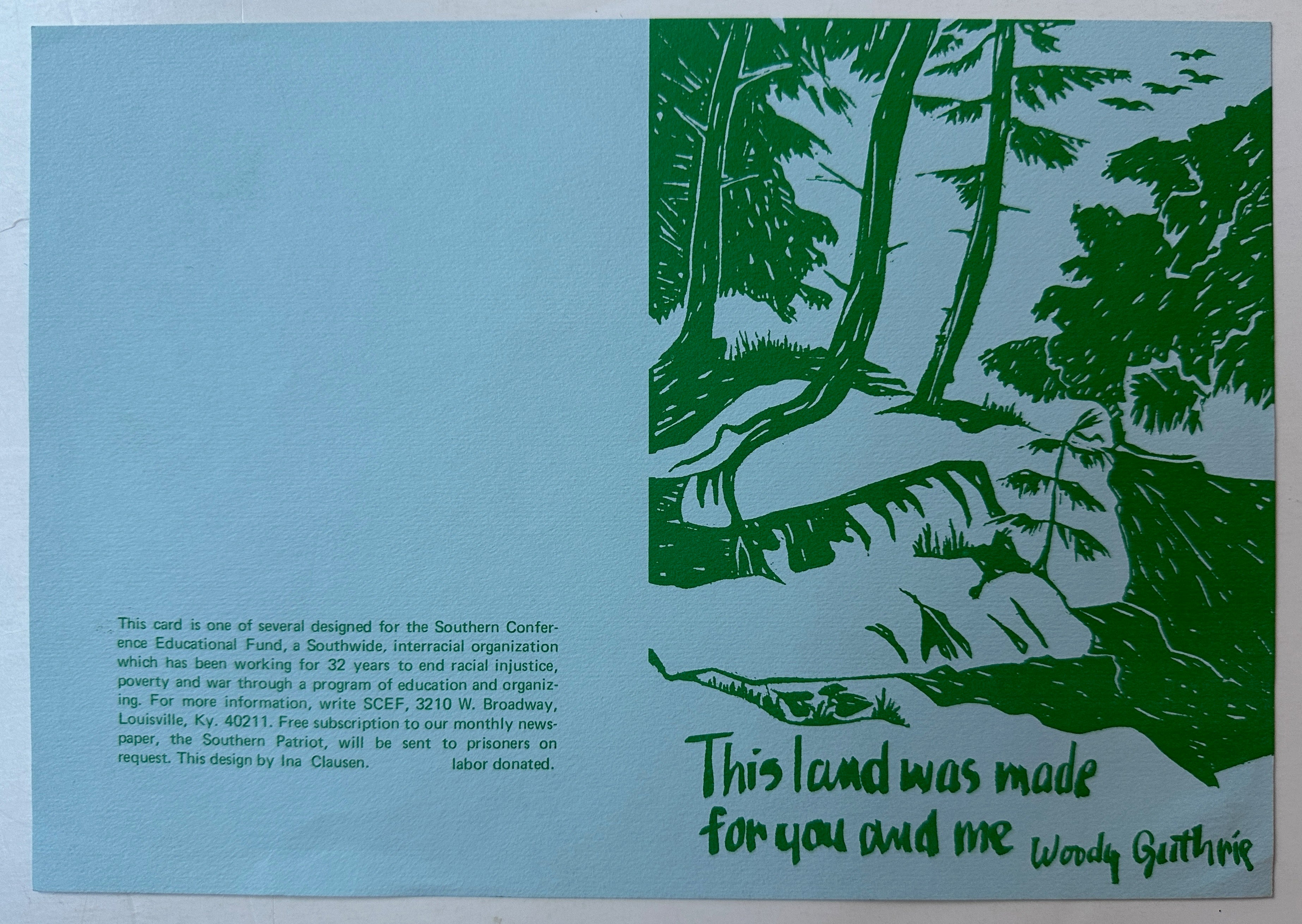 7x10 1960s racial injustice poster for southern conference educational fund featuring green printed landscape with woody guthrie lyrics