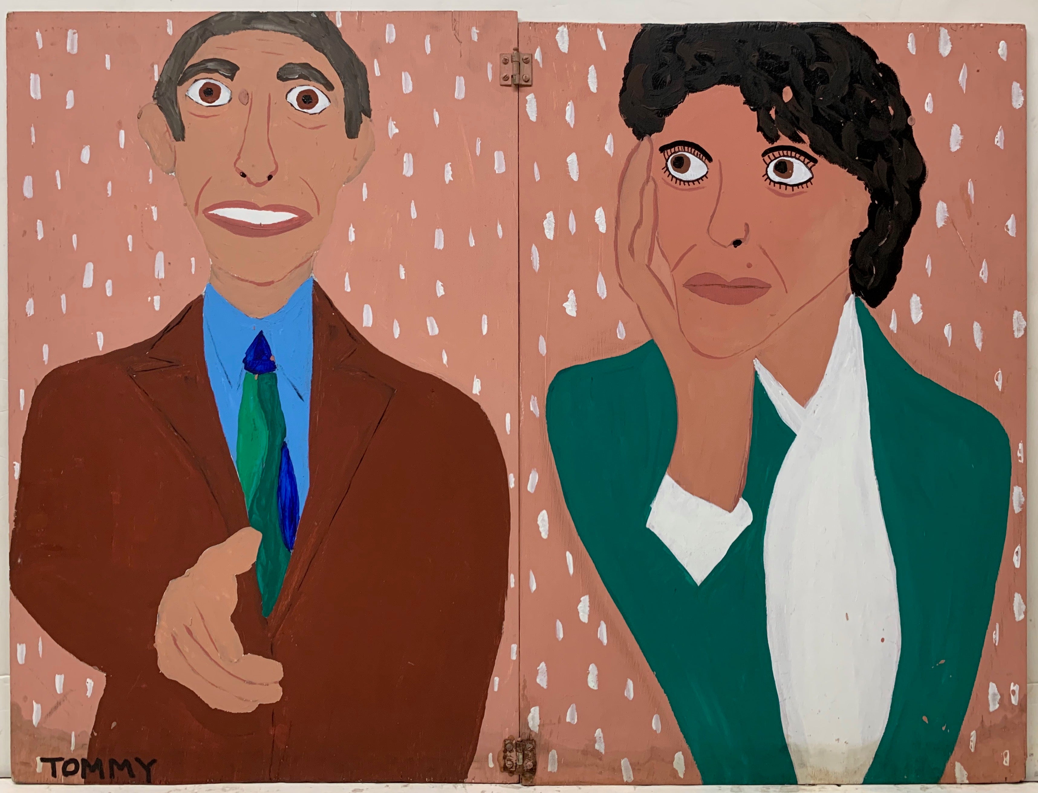A Tommy Cheng portrait of a man in a brown suit reaching out to shake someone's hand and a woman in a green suit.