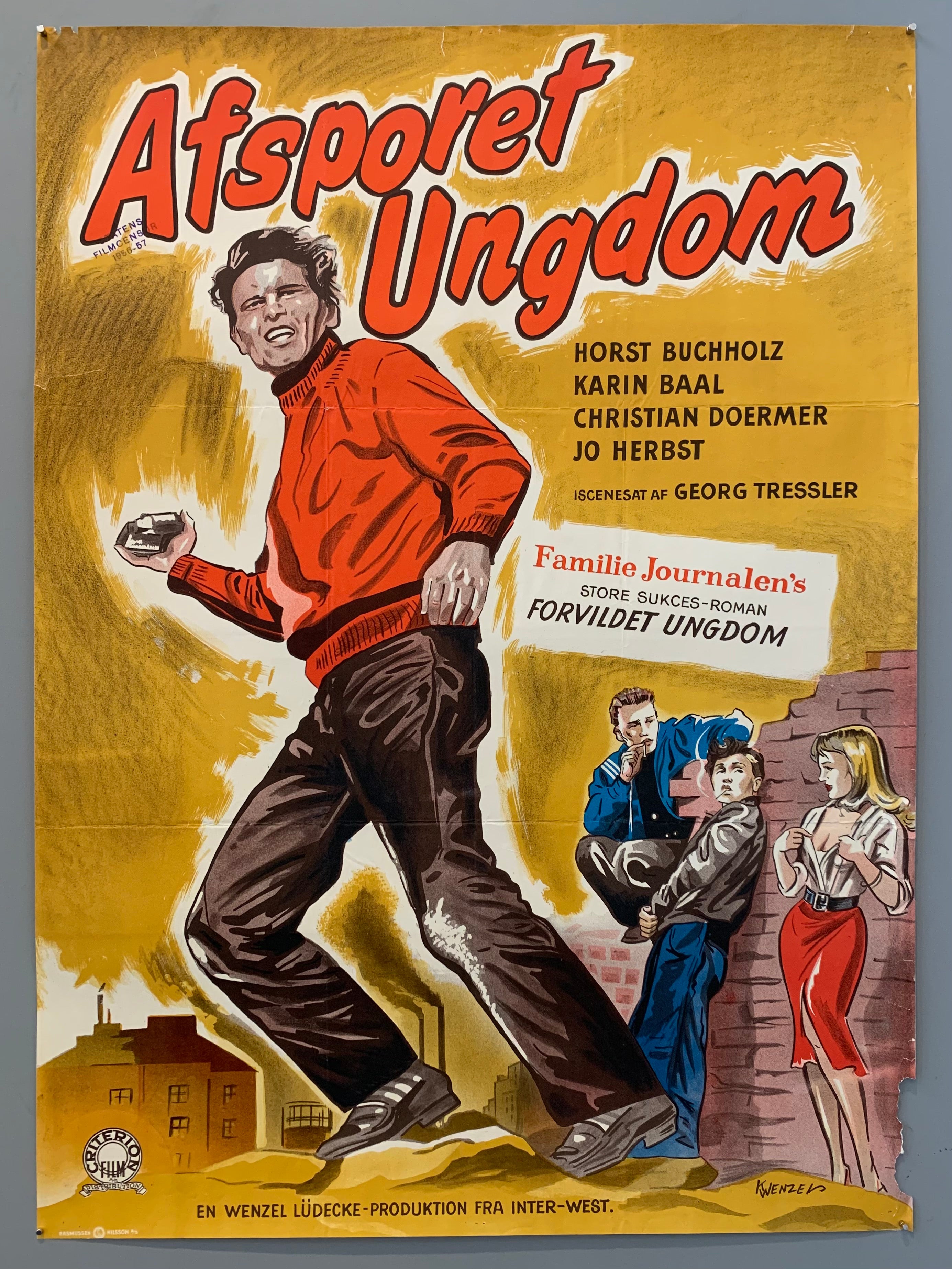 Artistic rendition of Horst Buchholz's character about to throw a rock with three other characters standing behind him.