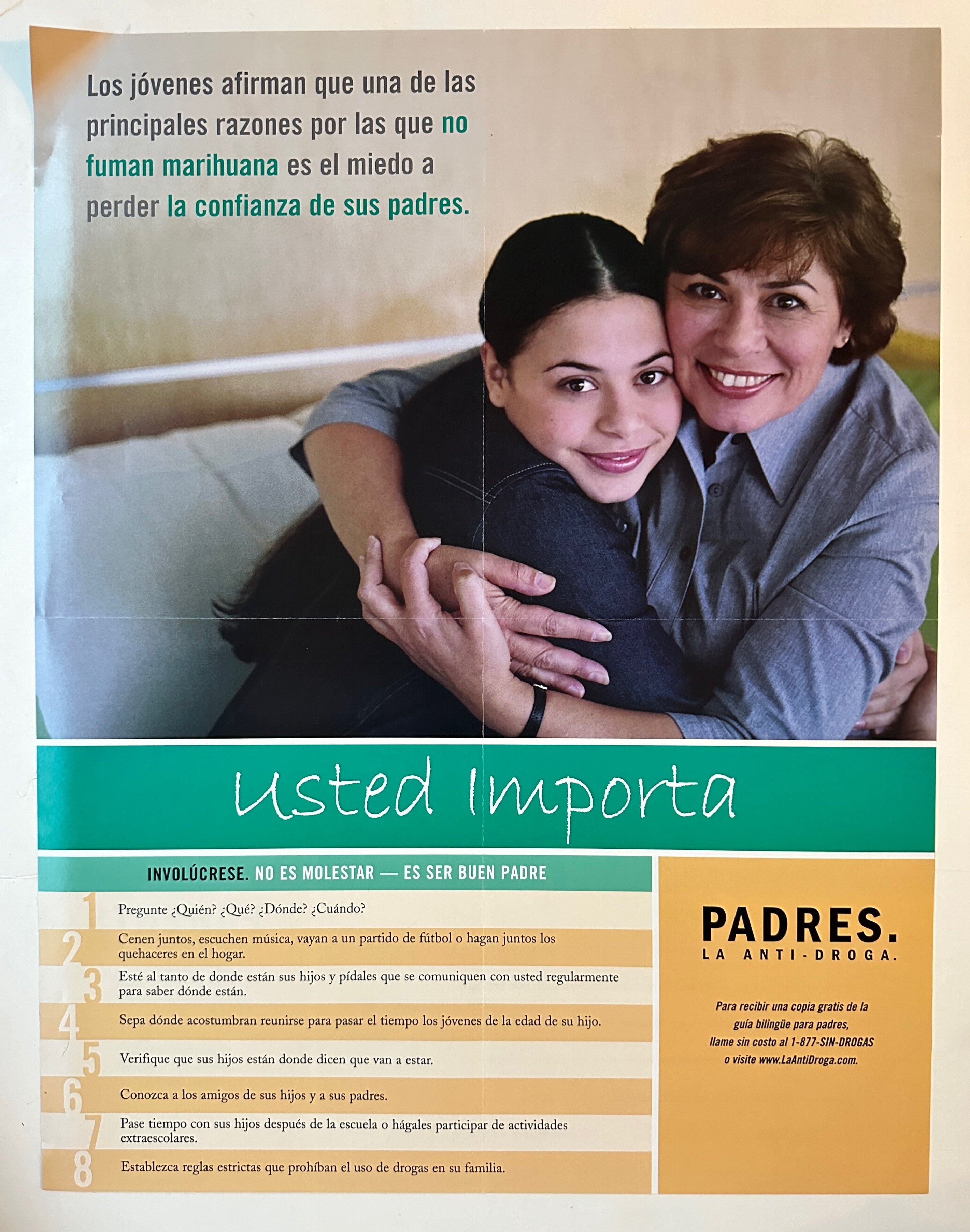 17x22 poster of mother and child hugging with black and green text above them and a guide to talking to your child about drugs below them