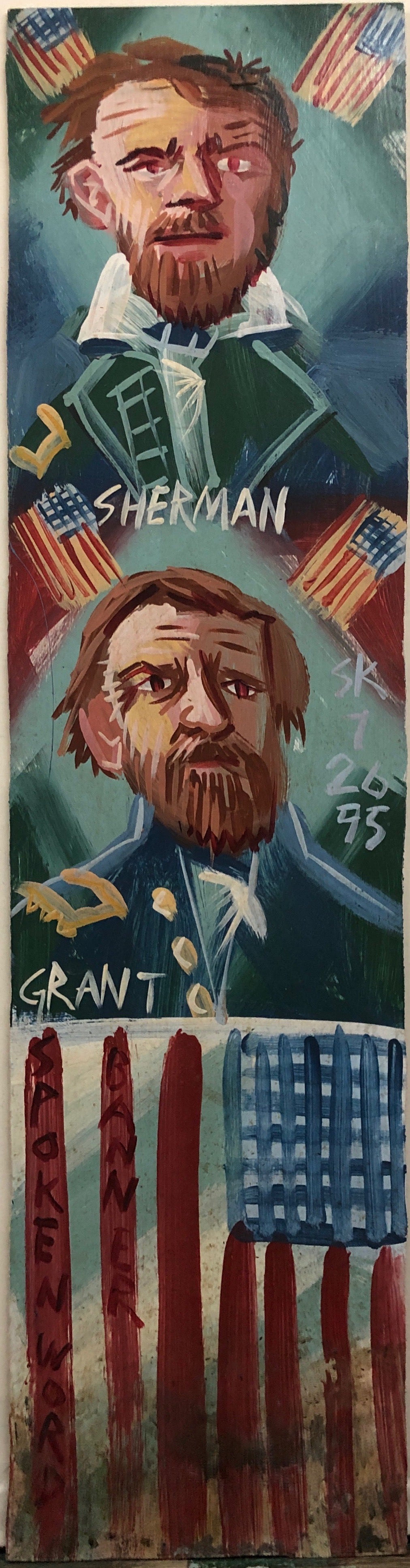 A Steve Keene painting of General Grant and Sherman and the  American flag.