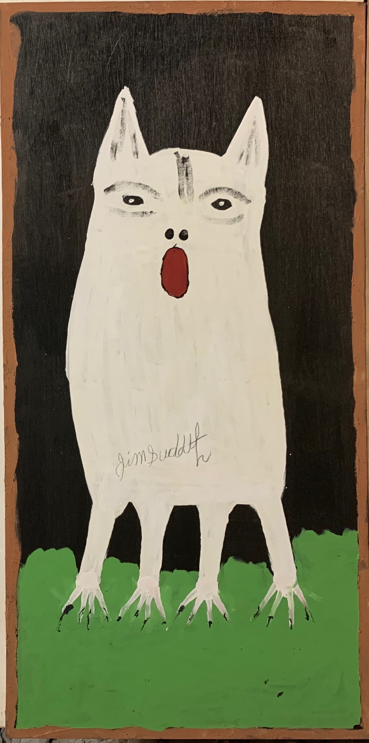 A painting of a white dog.