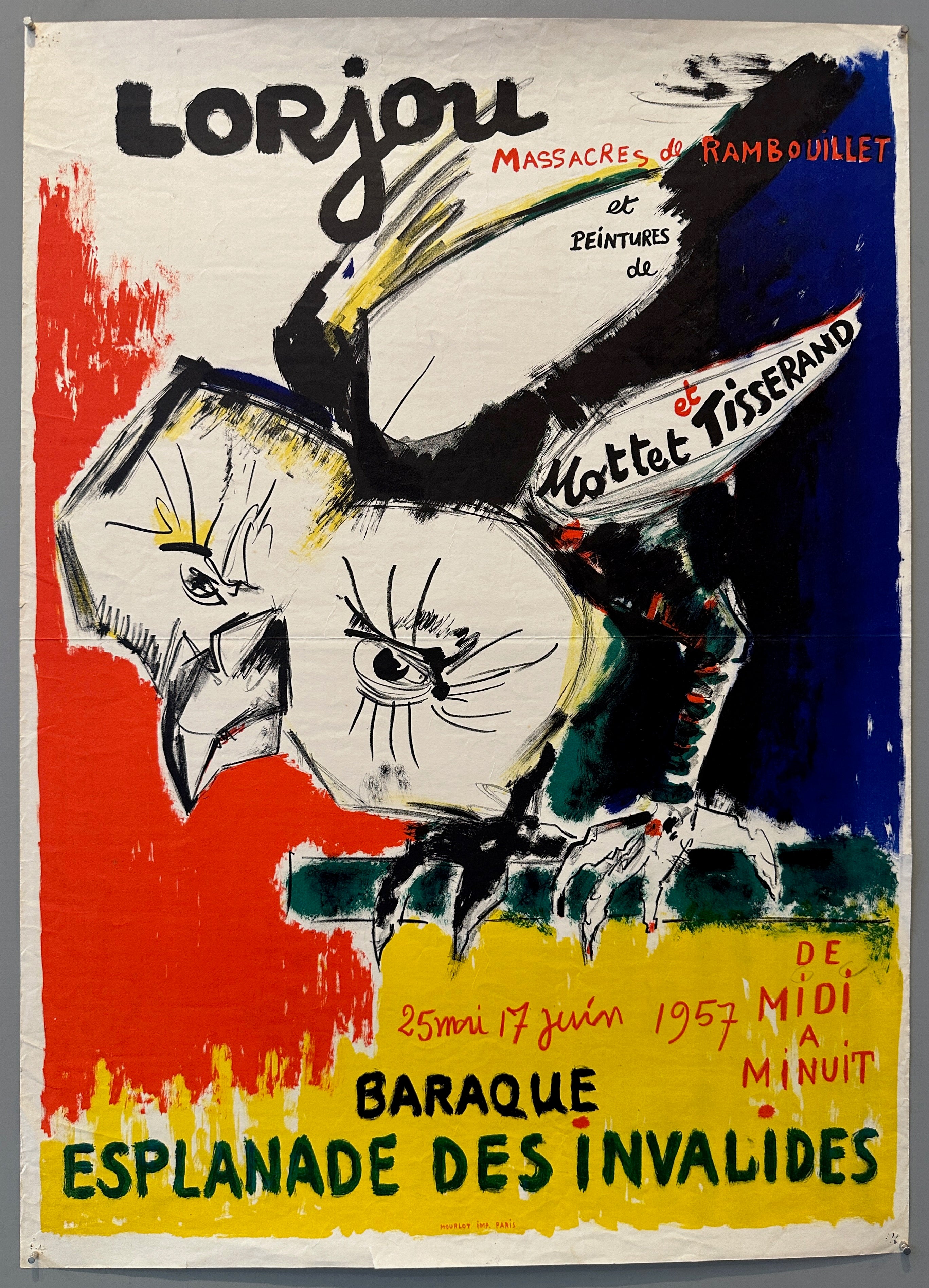 30x21 1957 atelier mourlot print of bernard lorjou for showing of art "massacres de rambouillet" at the esplanade des invalides featuring bird creature and showing information