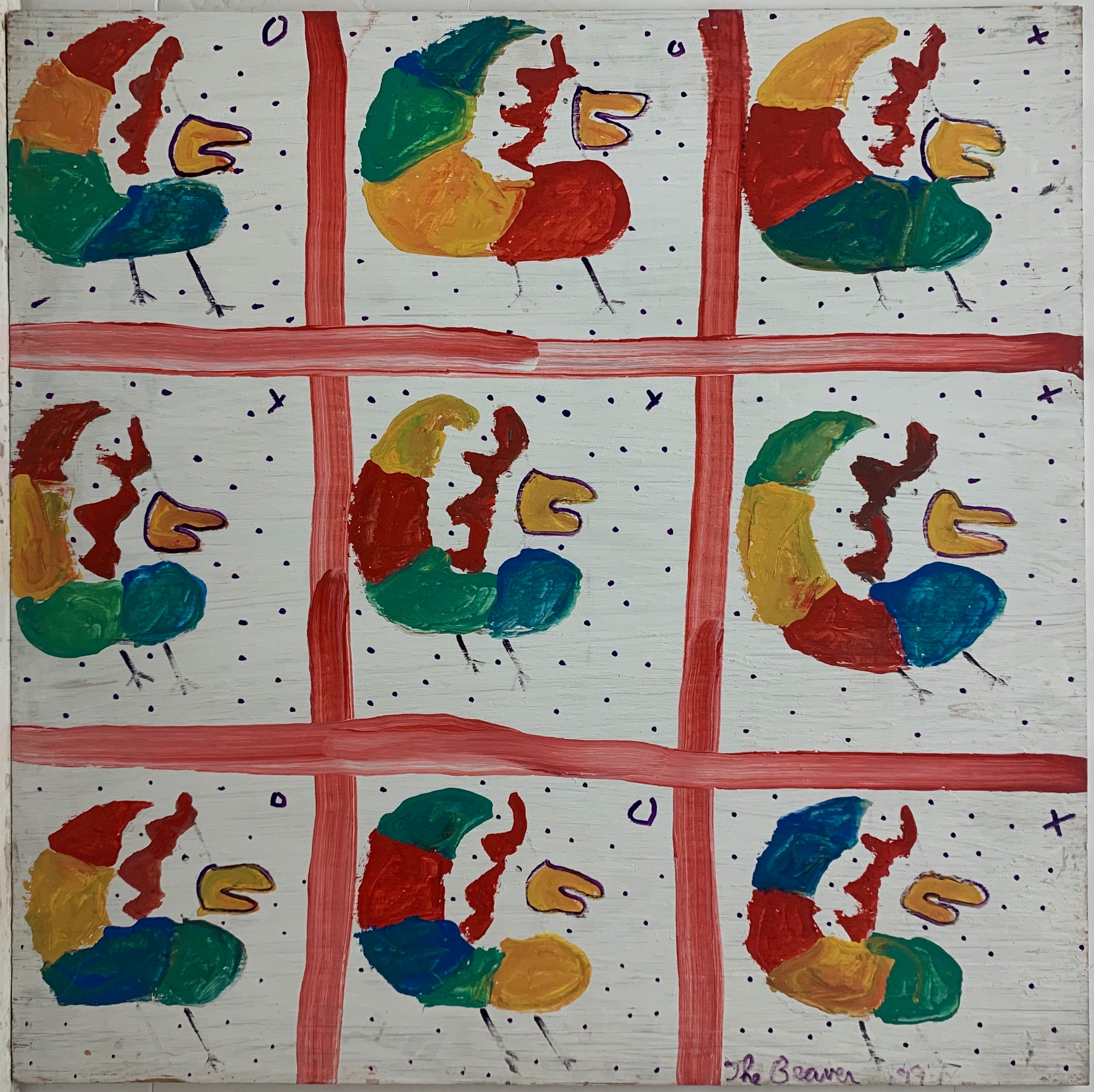 A painting by The Beaver divided into nine panels, in each an identical rainbow chicken.