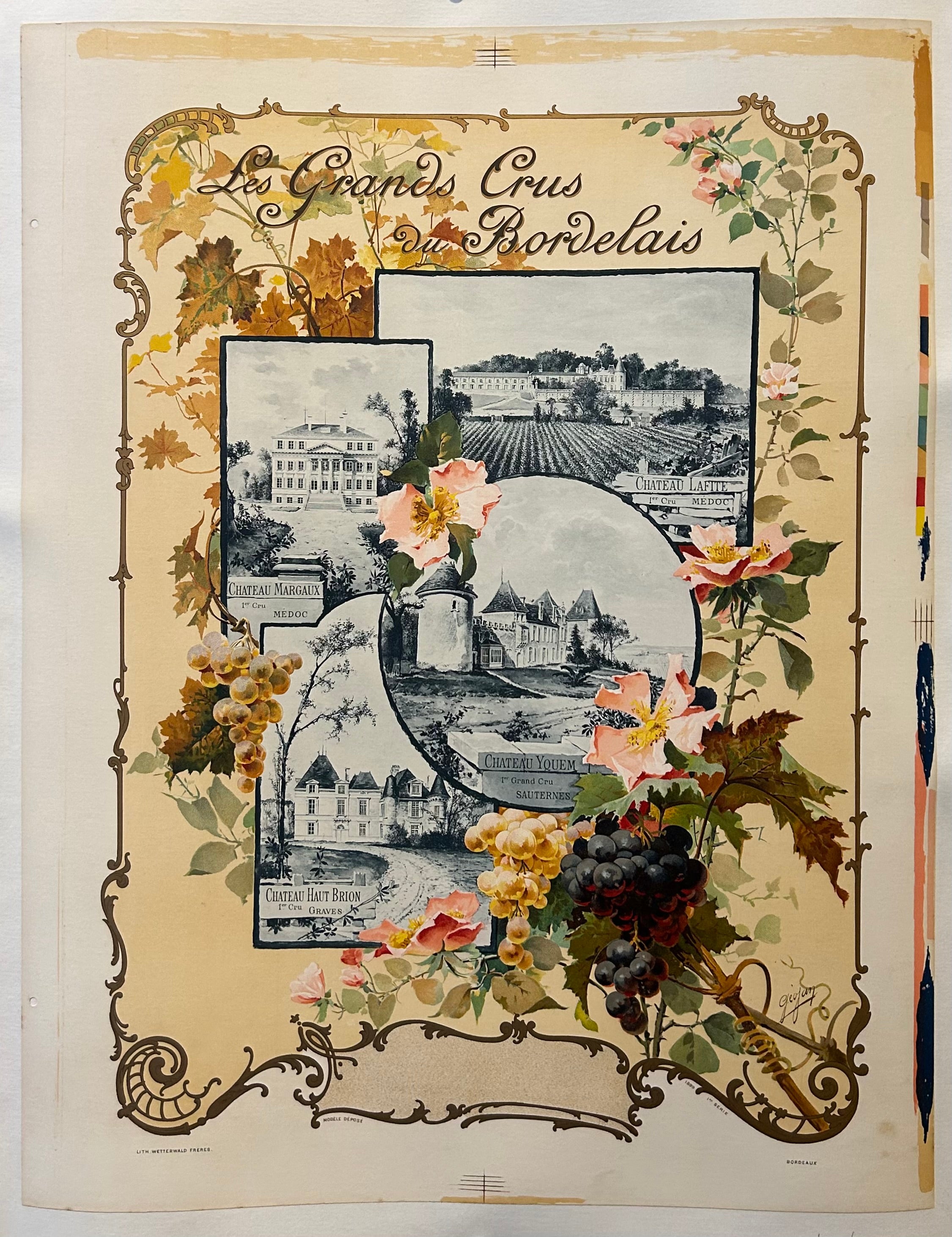 Elaborate design wraps around pictures of different chateus that produce wine.