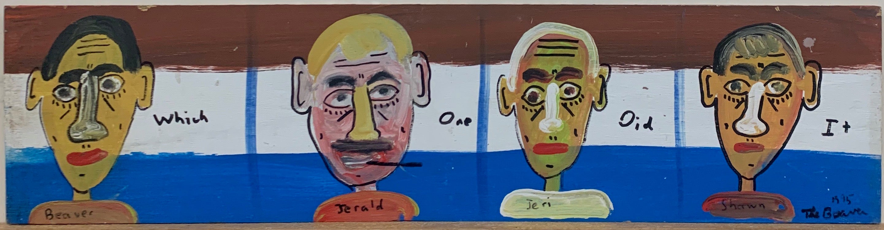 A painting by the Beaver divided into four quadrant, inside which are portraits of men, standing in front of a red, white, and blue striped background