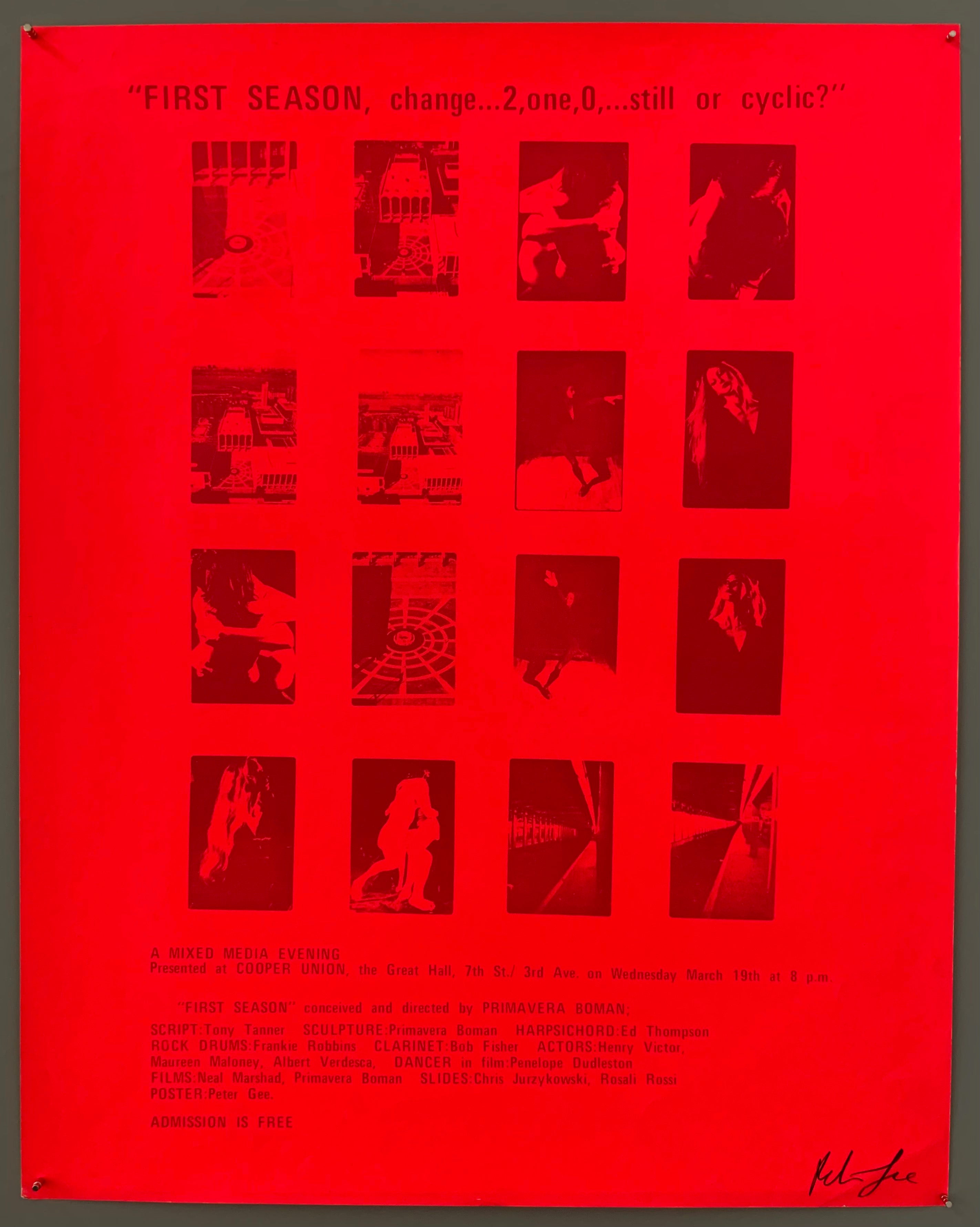 A series of squares containing scenes are shown. The text is on the top and the bottom in purple. The style of printing is pop art, where a lot of colors are put on top of each other. The paper is a bold neon red,