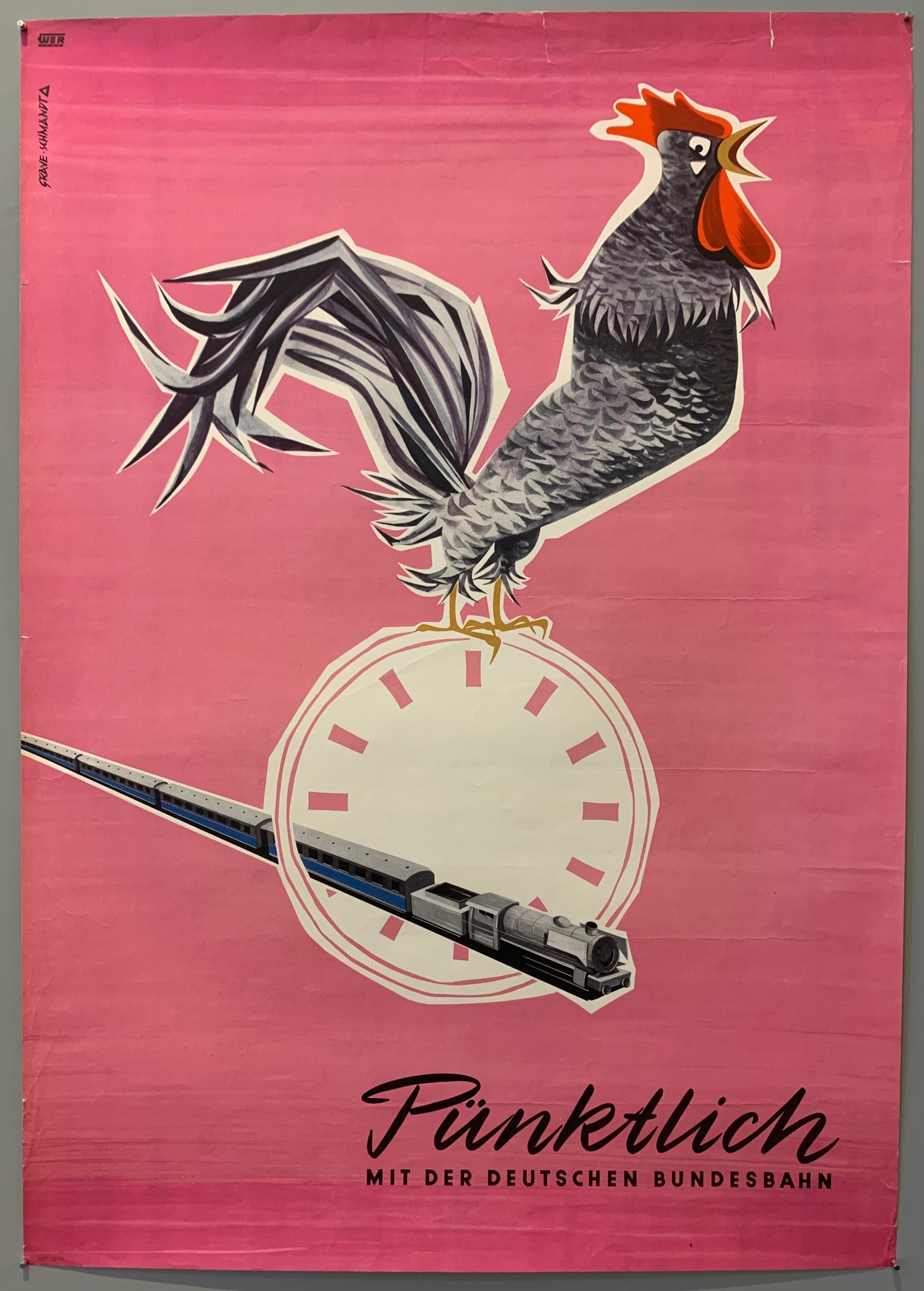 Poster advertising the German Federal Railway with a crowing rooster on top of a clock with a train rushing through the middle. Image implies timeliness with the train service.