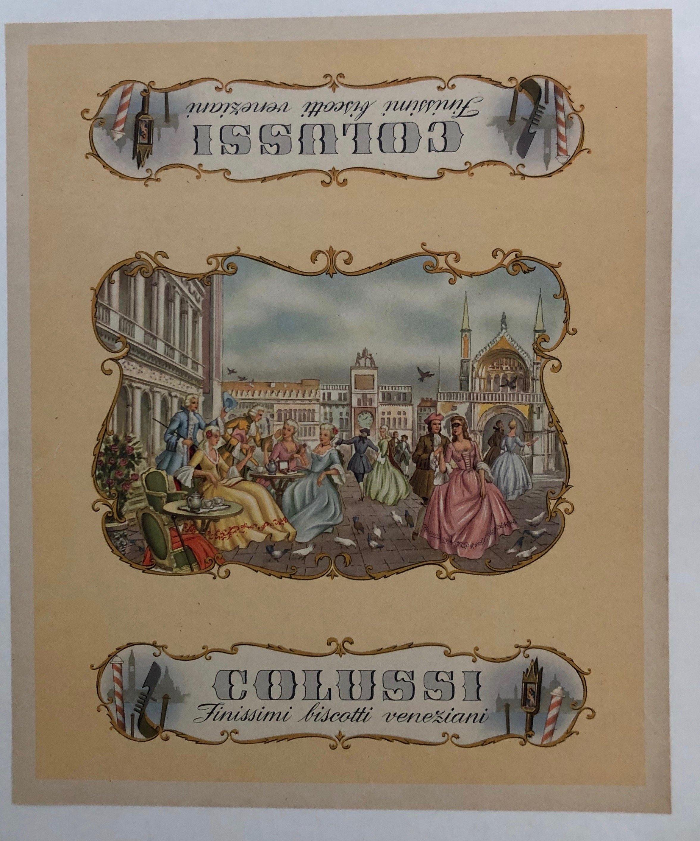 beige background. curved frame with picture of old fashioned ladies at tables. Dresses of pink green and yellow
