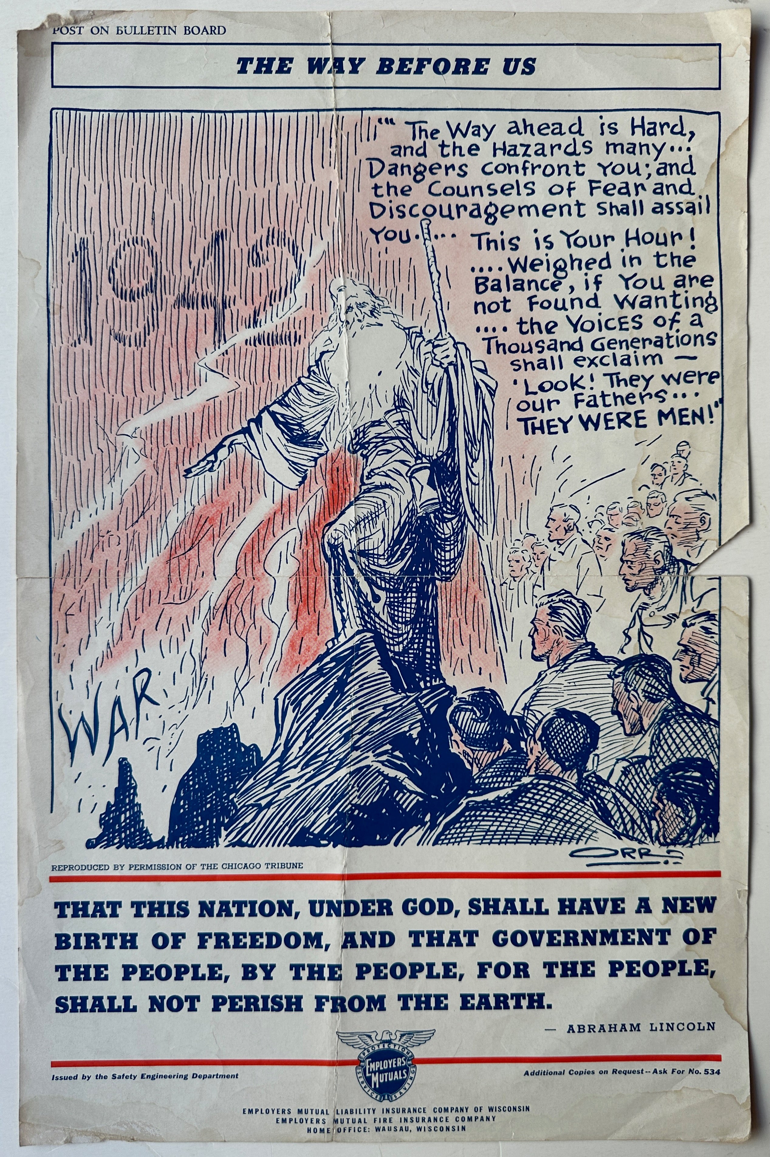 11x17 vertical poster with red, white and blue sketched image of a godly figure casting away the word 'War'