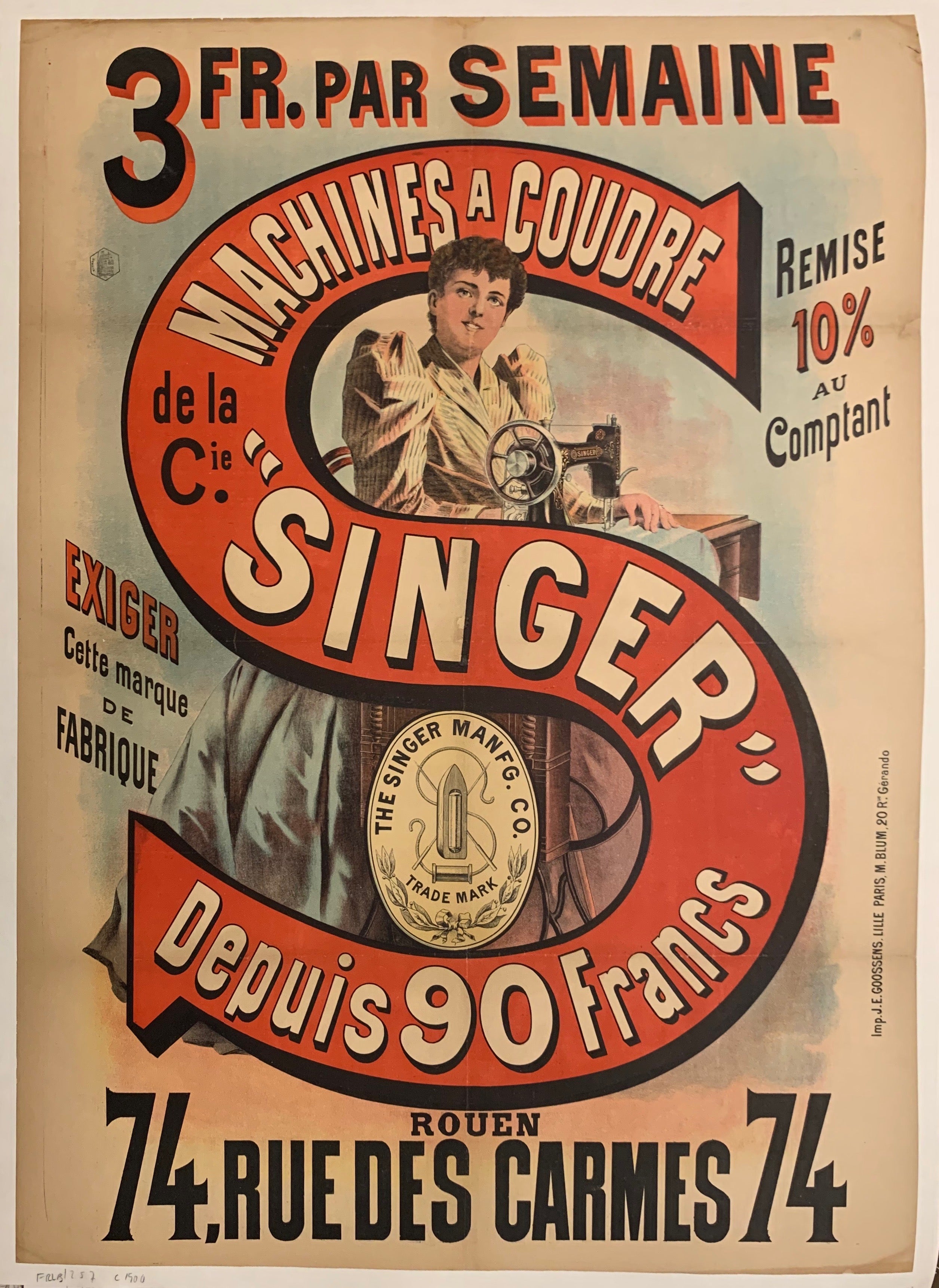 Turn of the Century poster of a woman sewing at a Singer sewing machine.