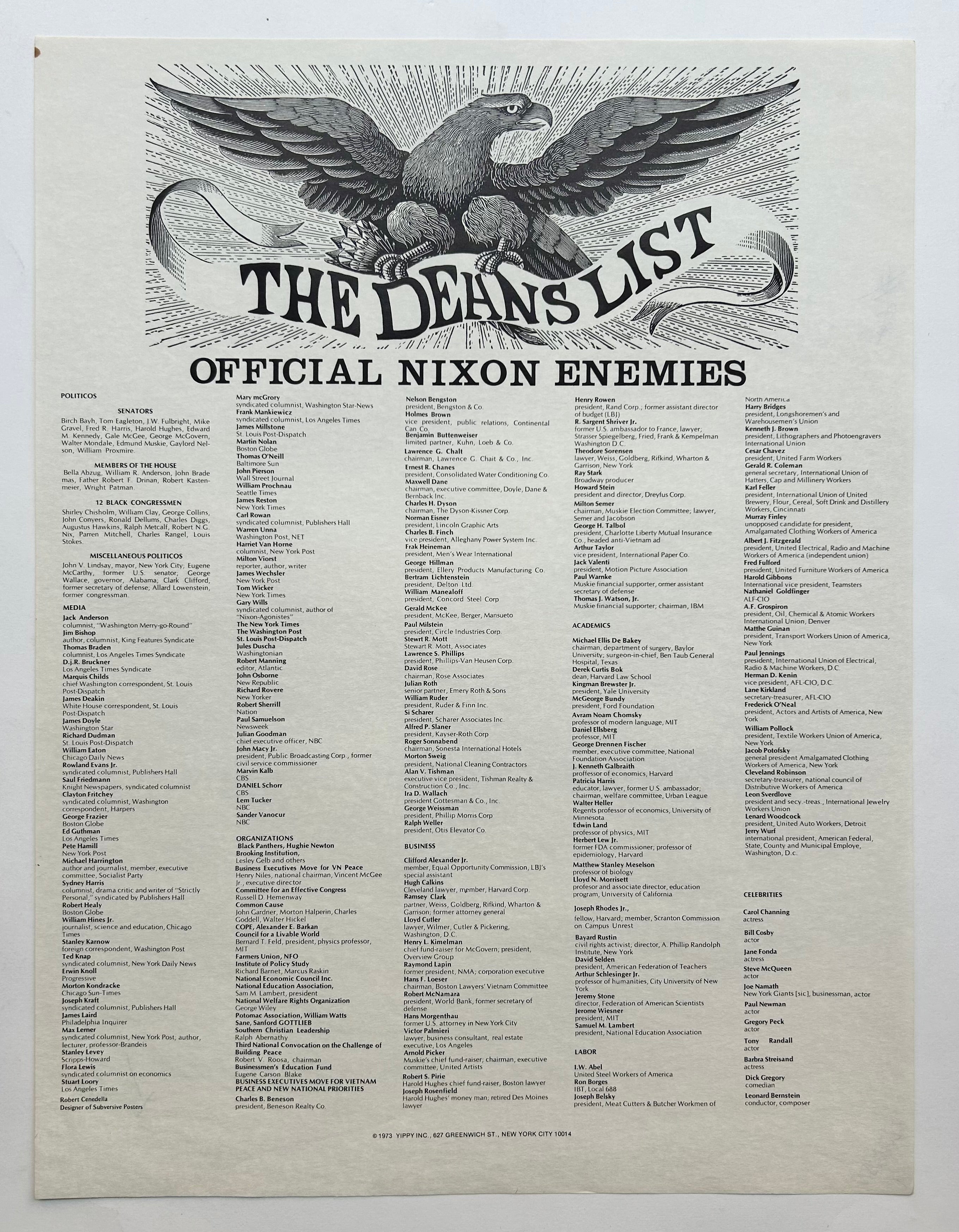 A detailed sketch of a bald eagle holds a scroll with "The Deans List" written in black all-caps. The rest of the poster are all the listed enemies, written in black, times new roman font.