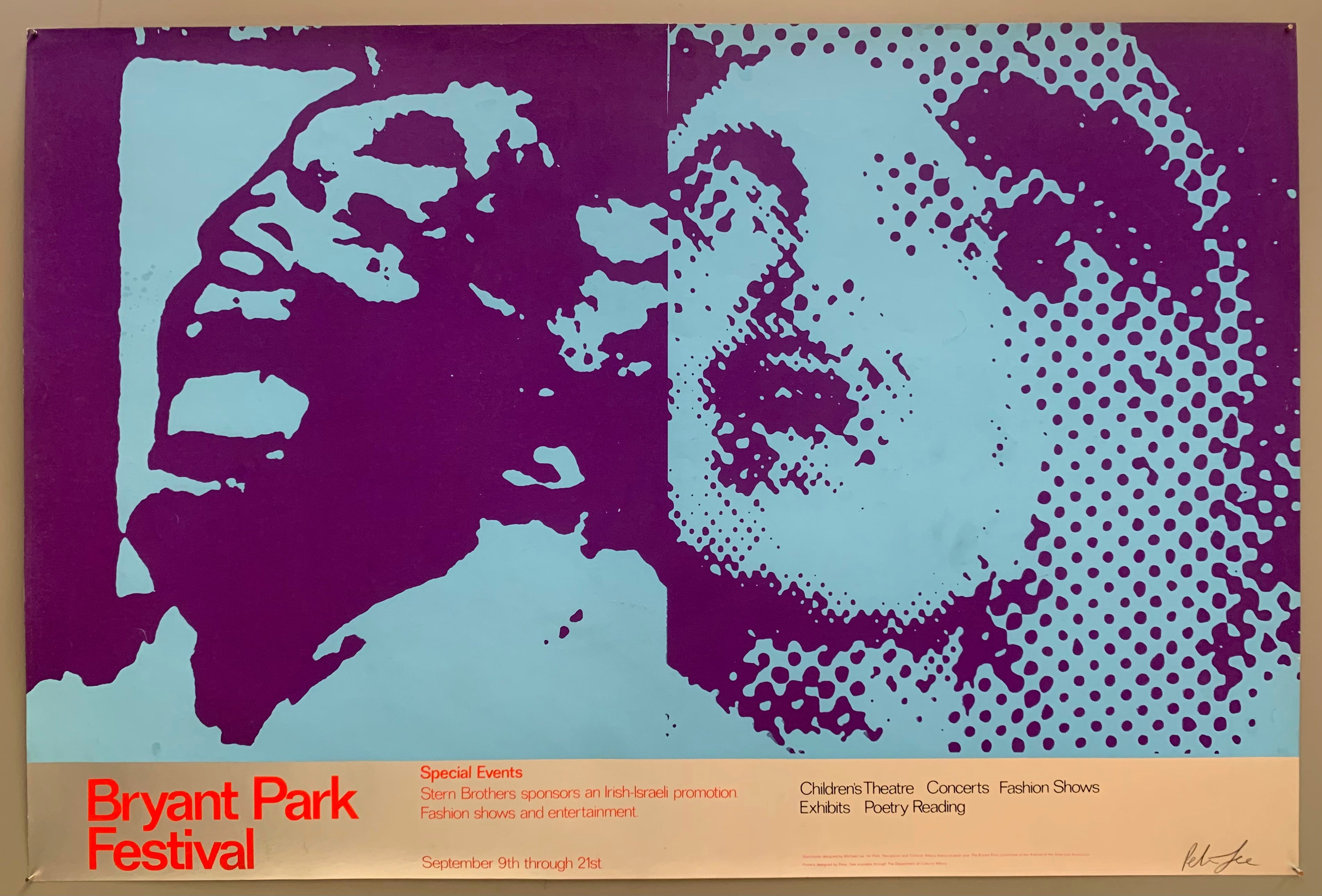 A man and a woman are shown with dramatic expressions, the highlights and shadows colored in a distinctly pop art style. The colors used are baby blue on purple.