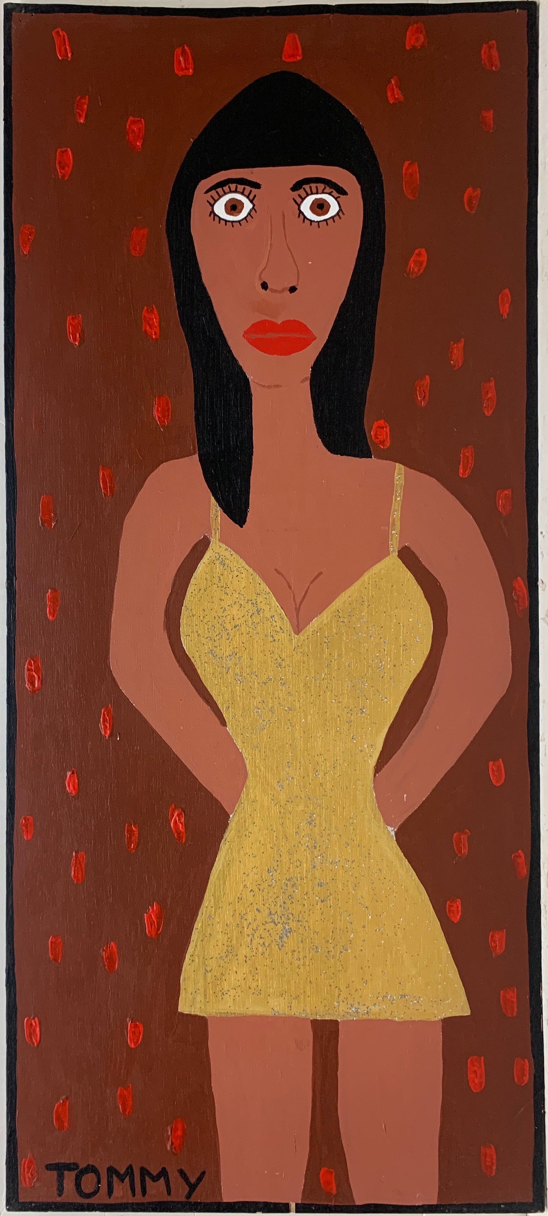 A Tommy Cheng portrait of a woman in a yellow dress wearing red lipstick and standing in front of  a red polka-dotted background.