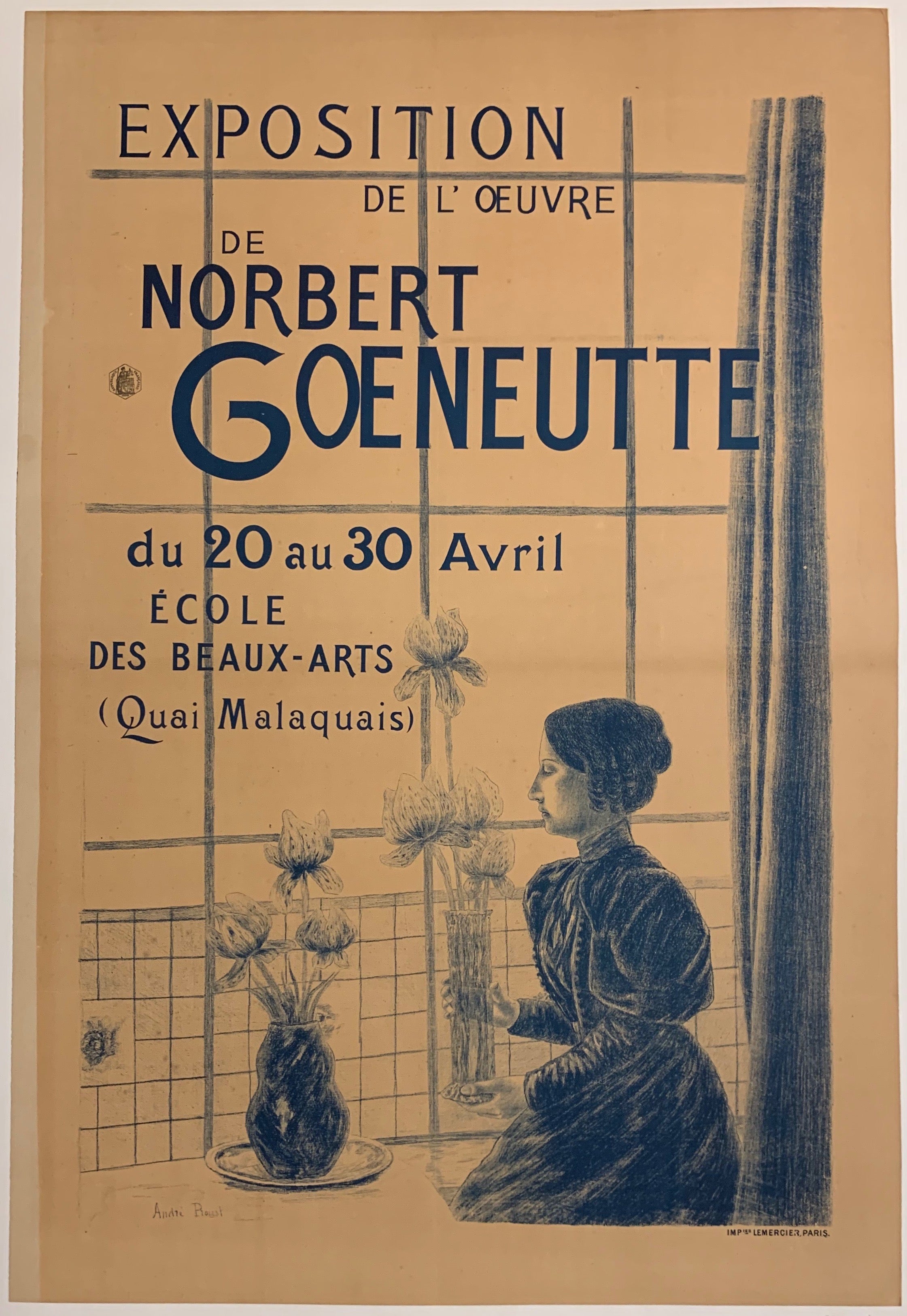 Turn of the Century poster of a woman in profile holding a vase of flowers as she sits by a window.