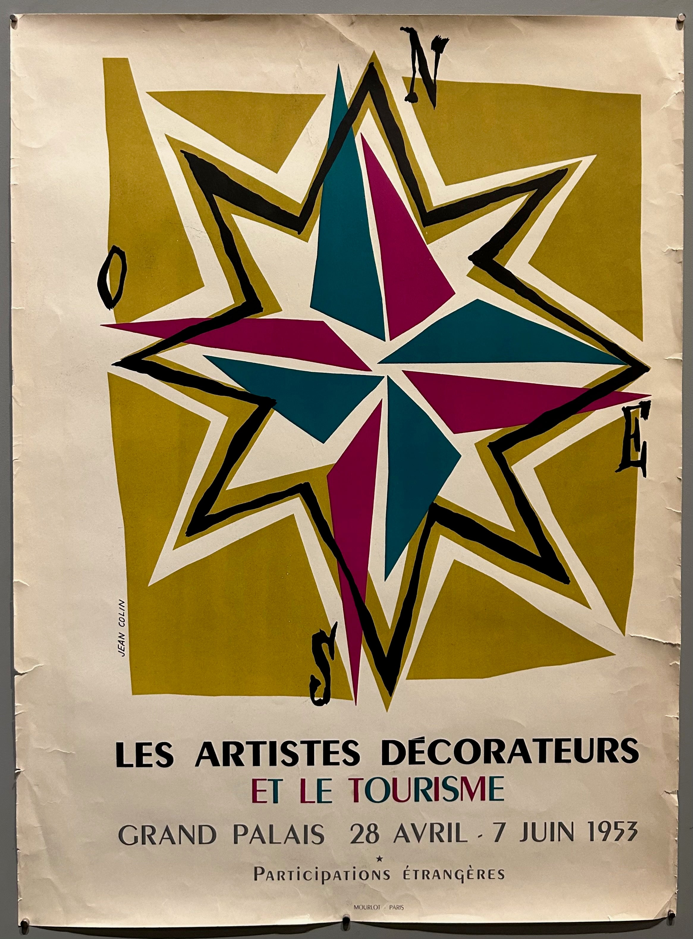 22x15 1953 paul colin poster for grand palais event les artistes decorateurs et le tourisme featuring abstracted compass and event information below