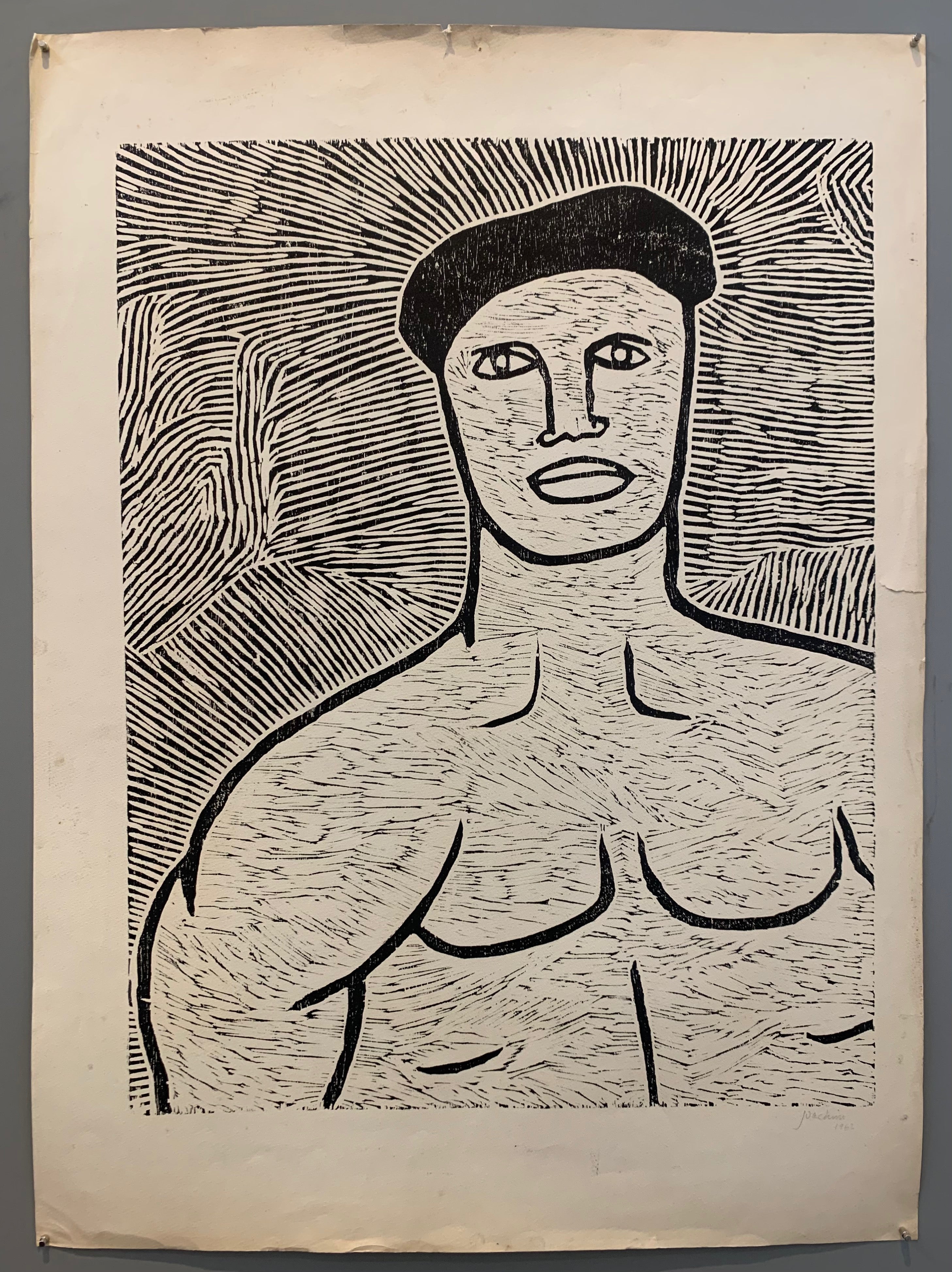 black and white woodblock print of a muscled man