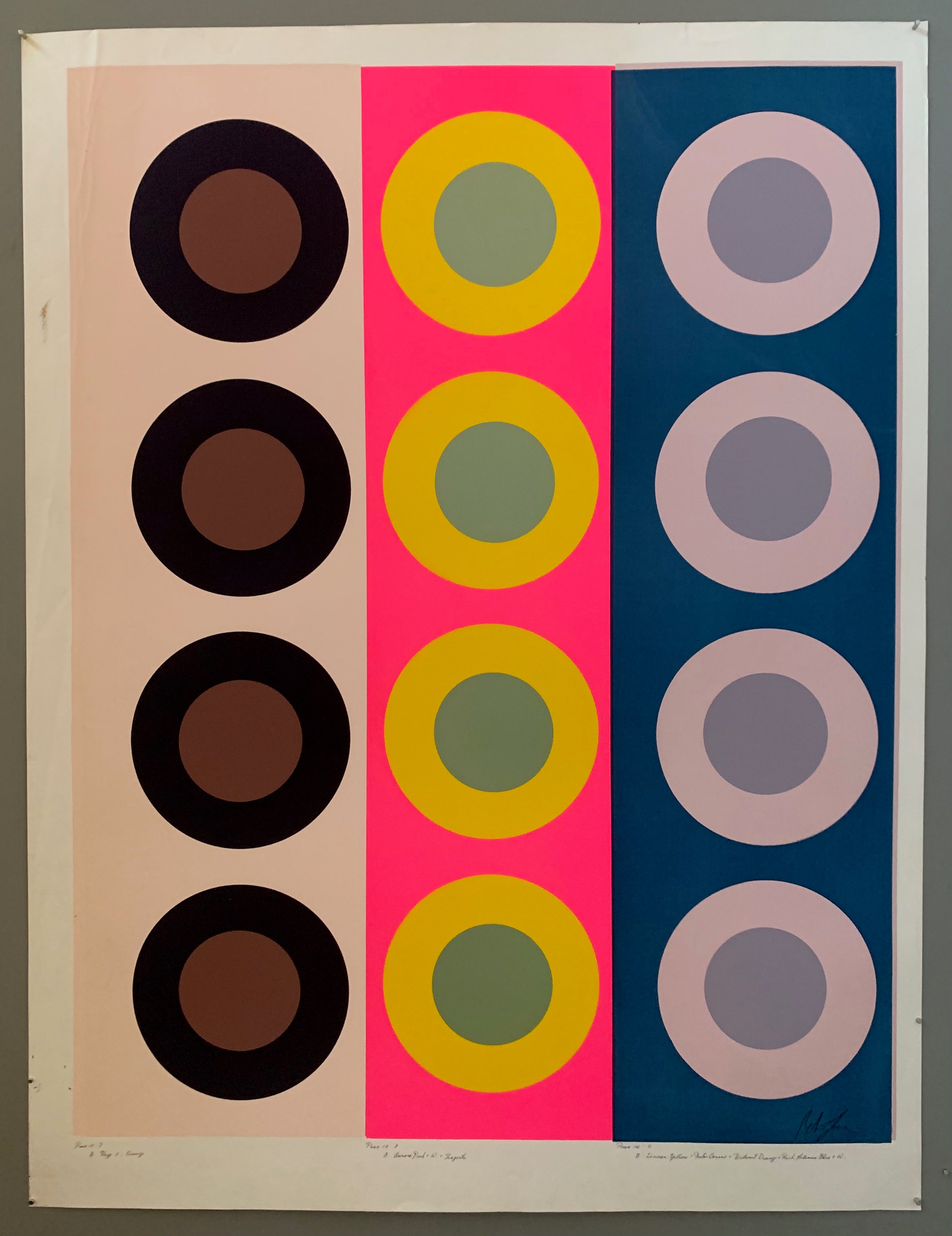 Three panels of targets, on blue and the other two pink.