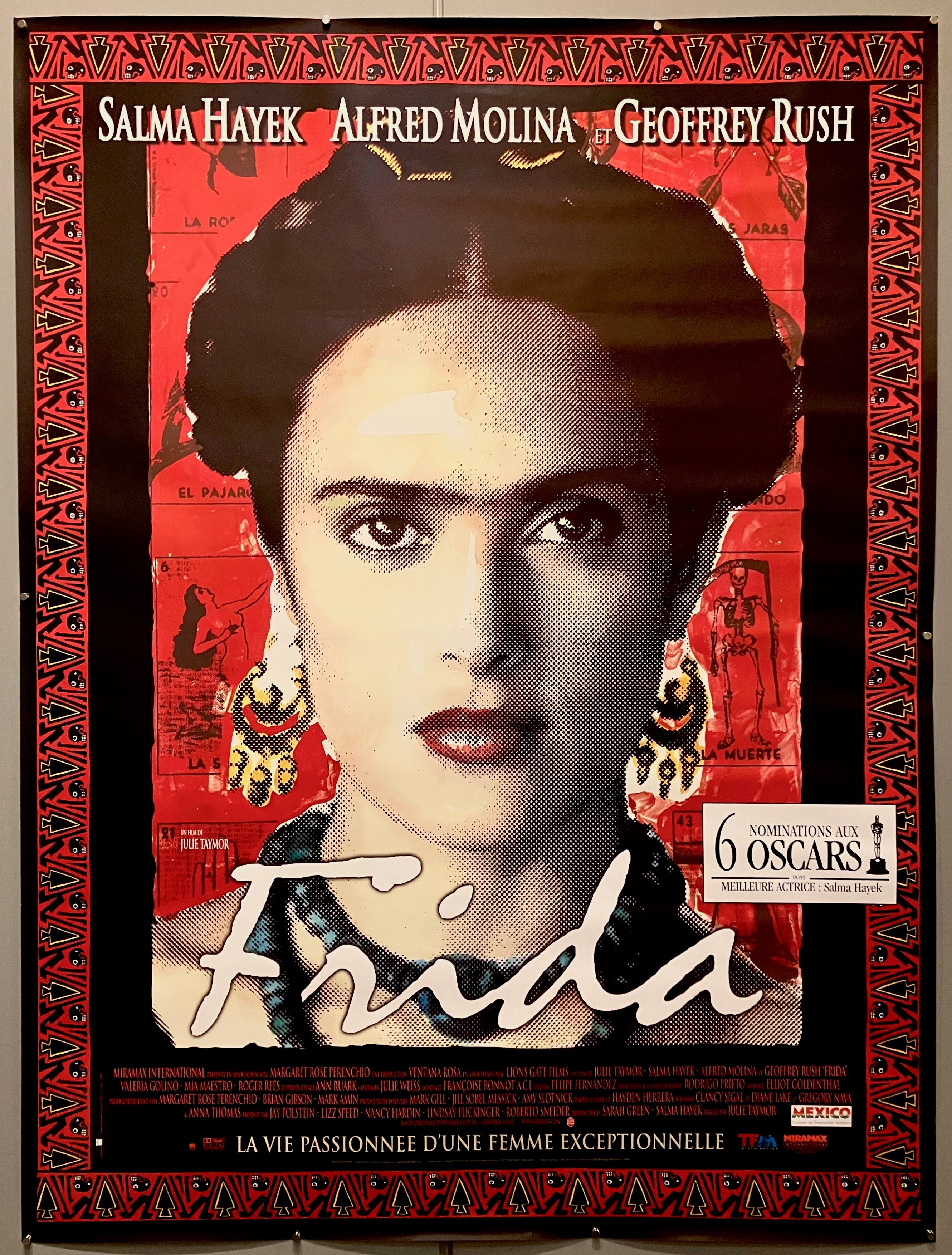 60.5x45.5 french poster for 2003 film frida about frida kahlo with portrait of frida kahlo on red and black background, movie cast and crew information