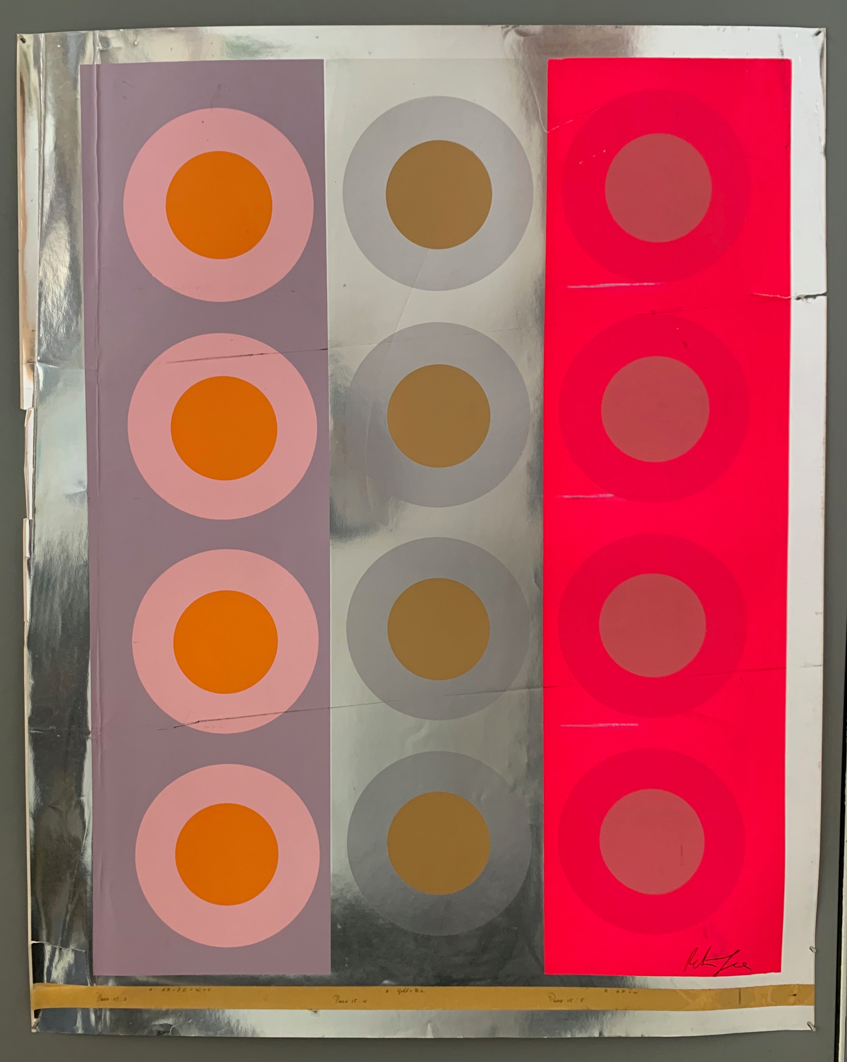 Three panels of targets on a silver metallic silkscreen