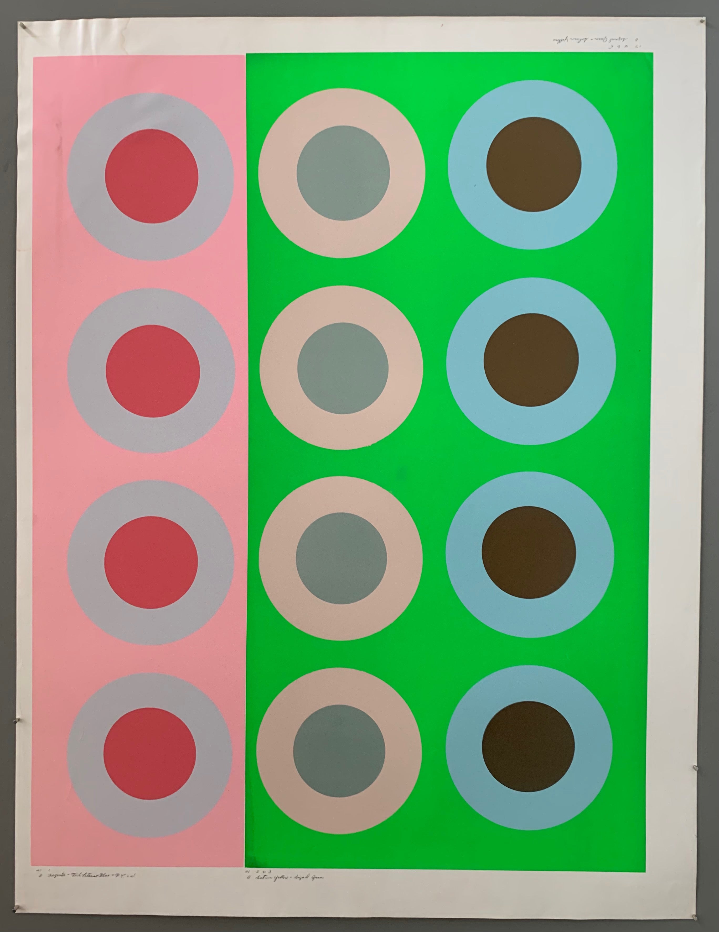 Three rows of targets on pink and green panels