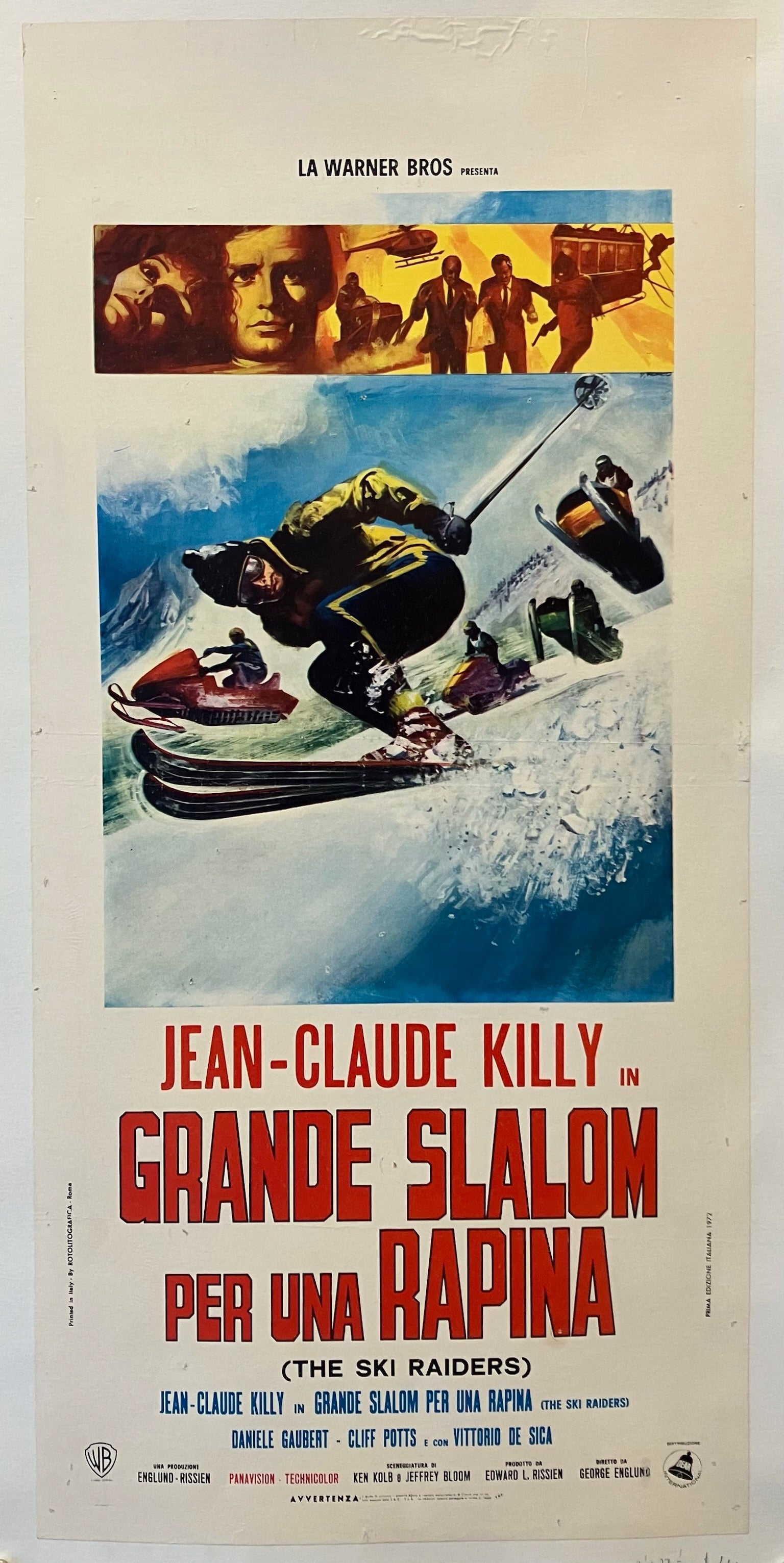 27.5x13.25 vertical movie poster for Grande Slalom per Una Rapina featuring an illustration of a skier in the snow