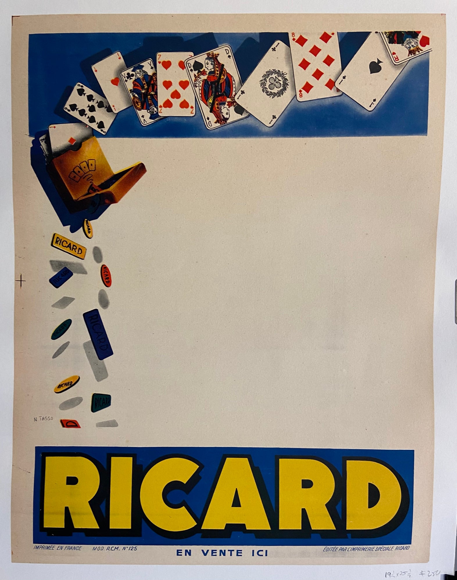 Poster for Ricard liqueur, illustrated with a playing card design.