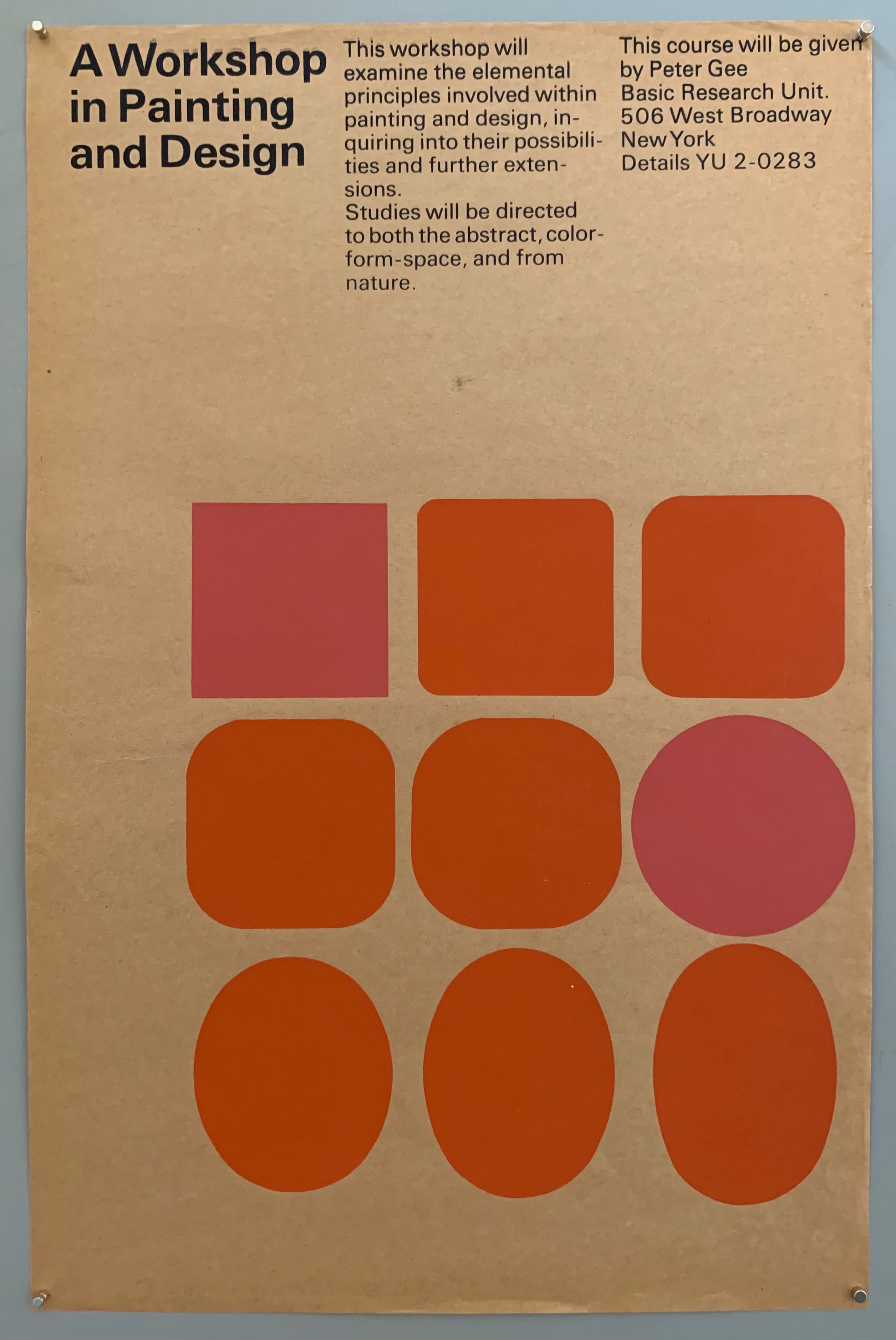 A plain sheet with black text at the top has a square of shapes, starting out in squares and then turning to circles. The colors are pinks and oranges on a tan textured paper.