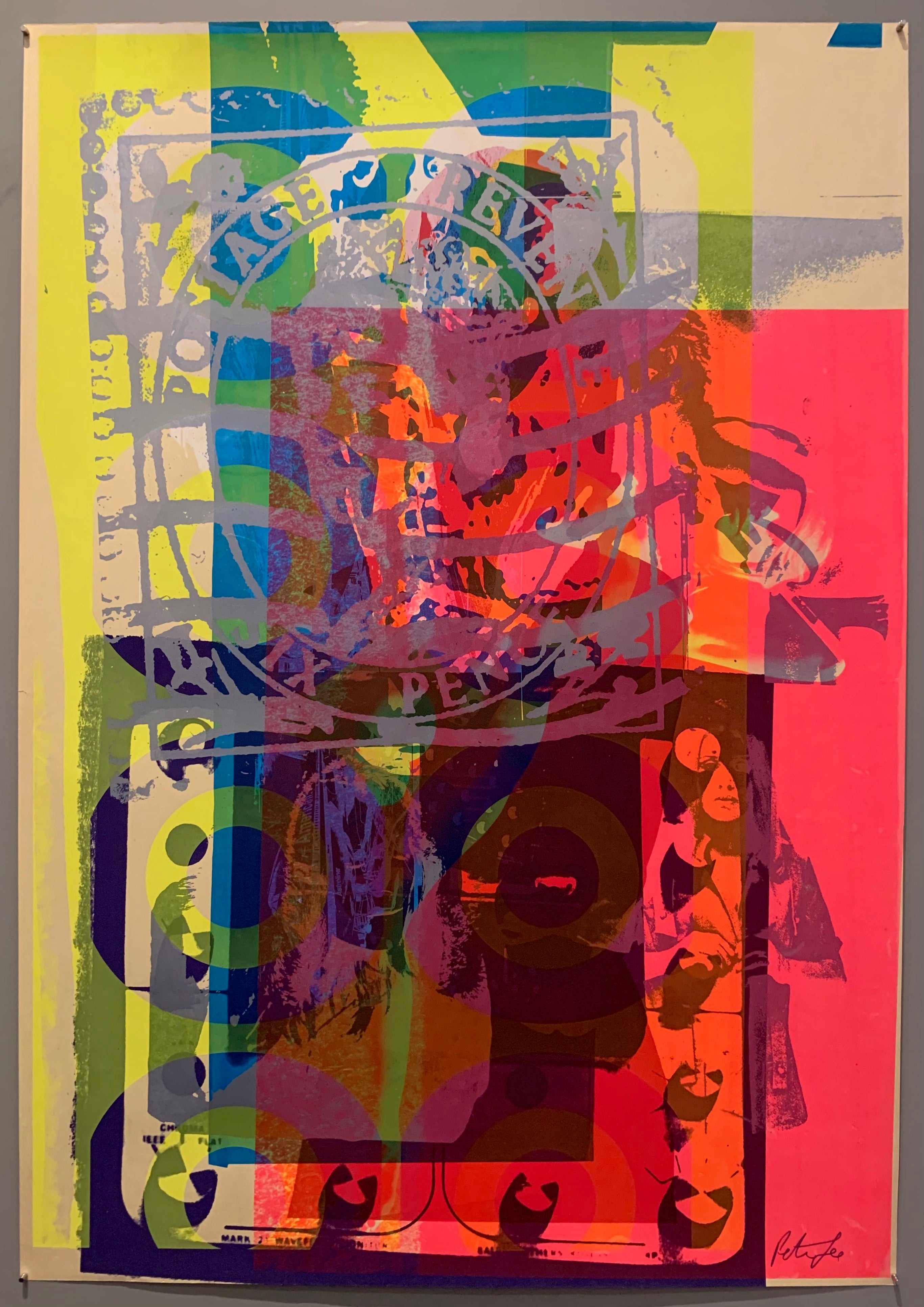 A mix of pop art-style images lay over each other in many neon colors.