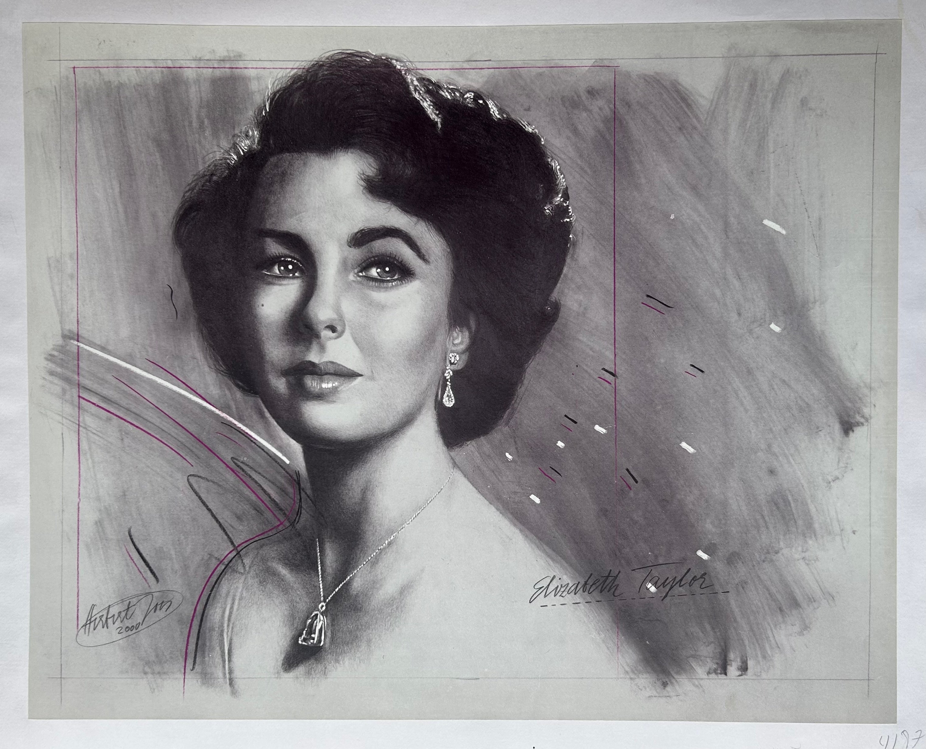 ELIZABETH TAYLOR CHALK DRAWING OF A LADY