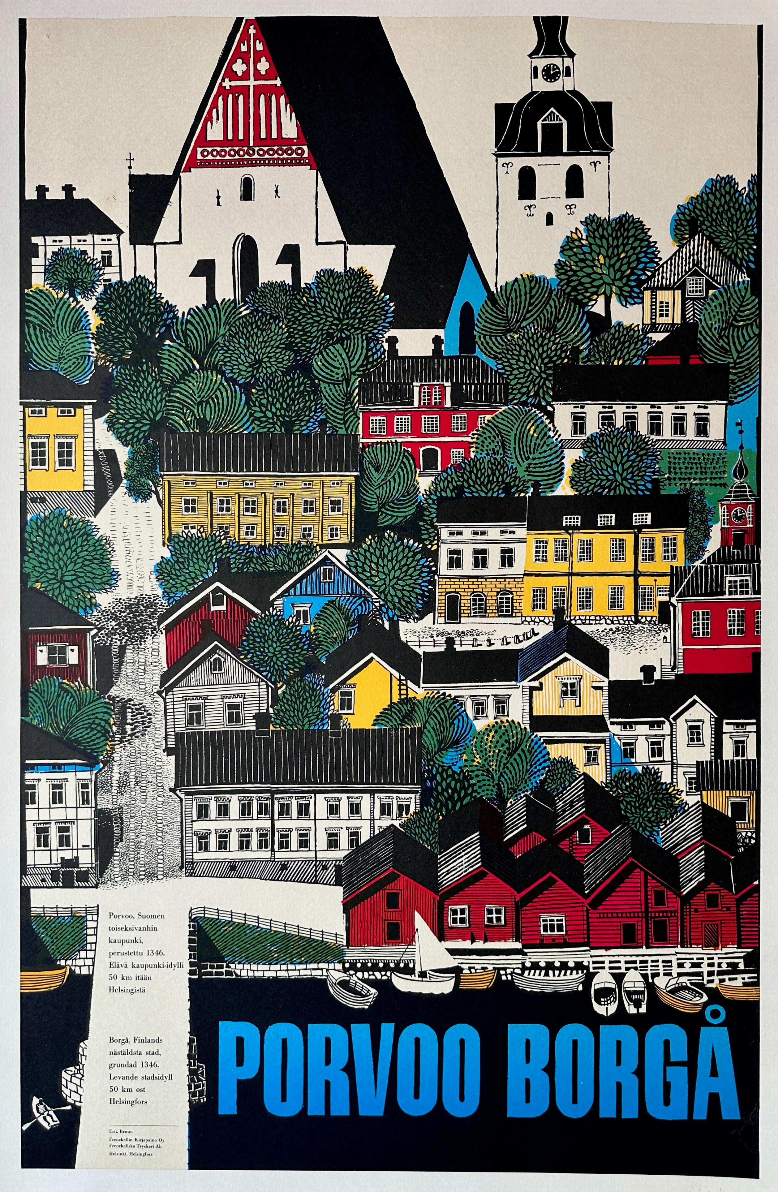 24x38 linen backed travel poster for Porvoo, a city in Finland featuring row-style homes in yellows, reds, whites, and blues