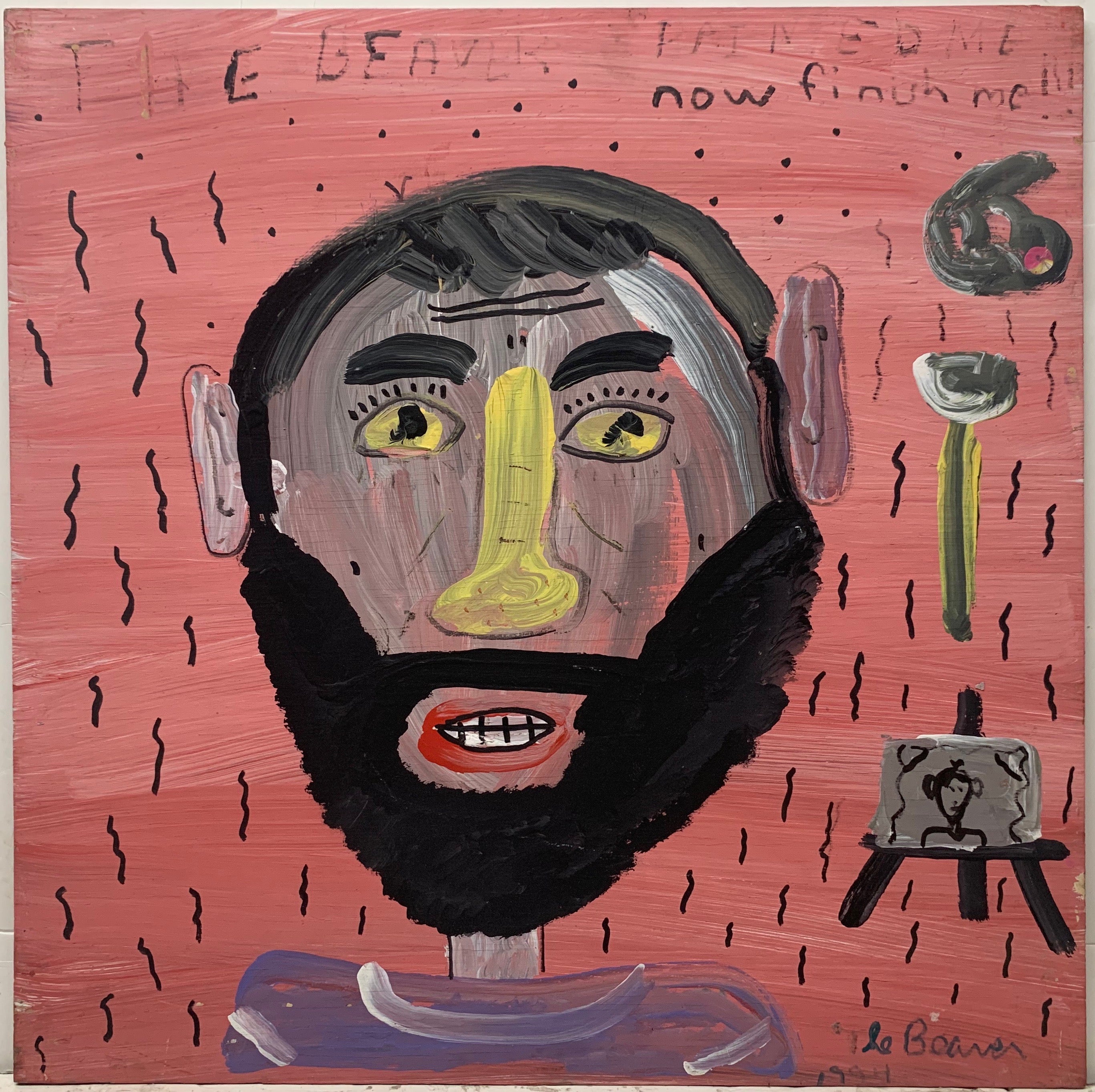 A painting by the Beaver of a portrait of a bearded man. Next to him is an easel.