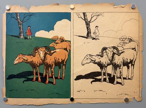 Link to &nbsp;Grazing Sheep/Kittens and Mother CatUnited States, c. 1950s &nbsp;Product