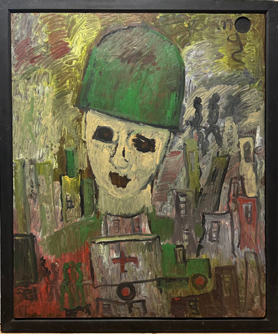 FIgure in green helmet #5 - Purvis Young Painting