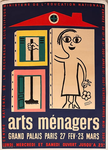 Link to  Arts Menagers - Women holding broom poster ✓Francis Bernard c.1970  Product
